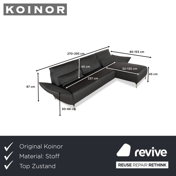 Canapé d'angle en tissu Koinor Vanda gris avec fonction manuelle, méridienne droite
