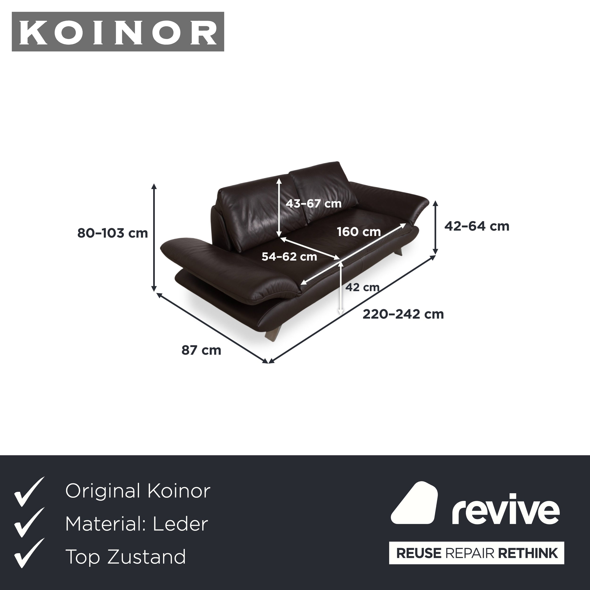 Koinor Velluti Leder Dreisitzer Braun Mokka manuelle Funktion Sofa Couch