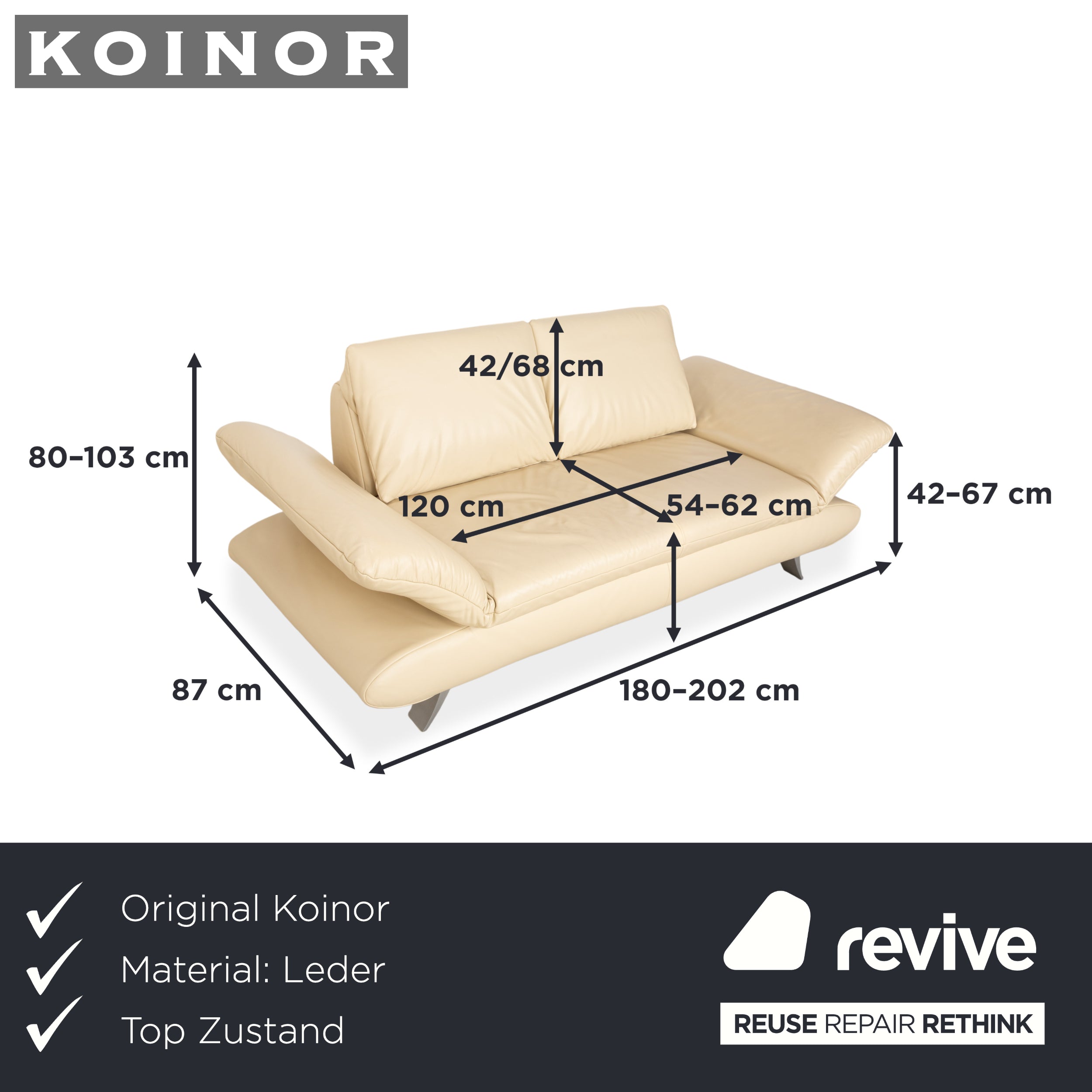 Koinor Velluti Leder Zweisitzer Creme manuelle Funktion Sofa Couch