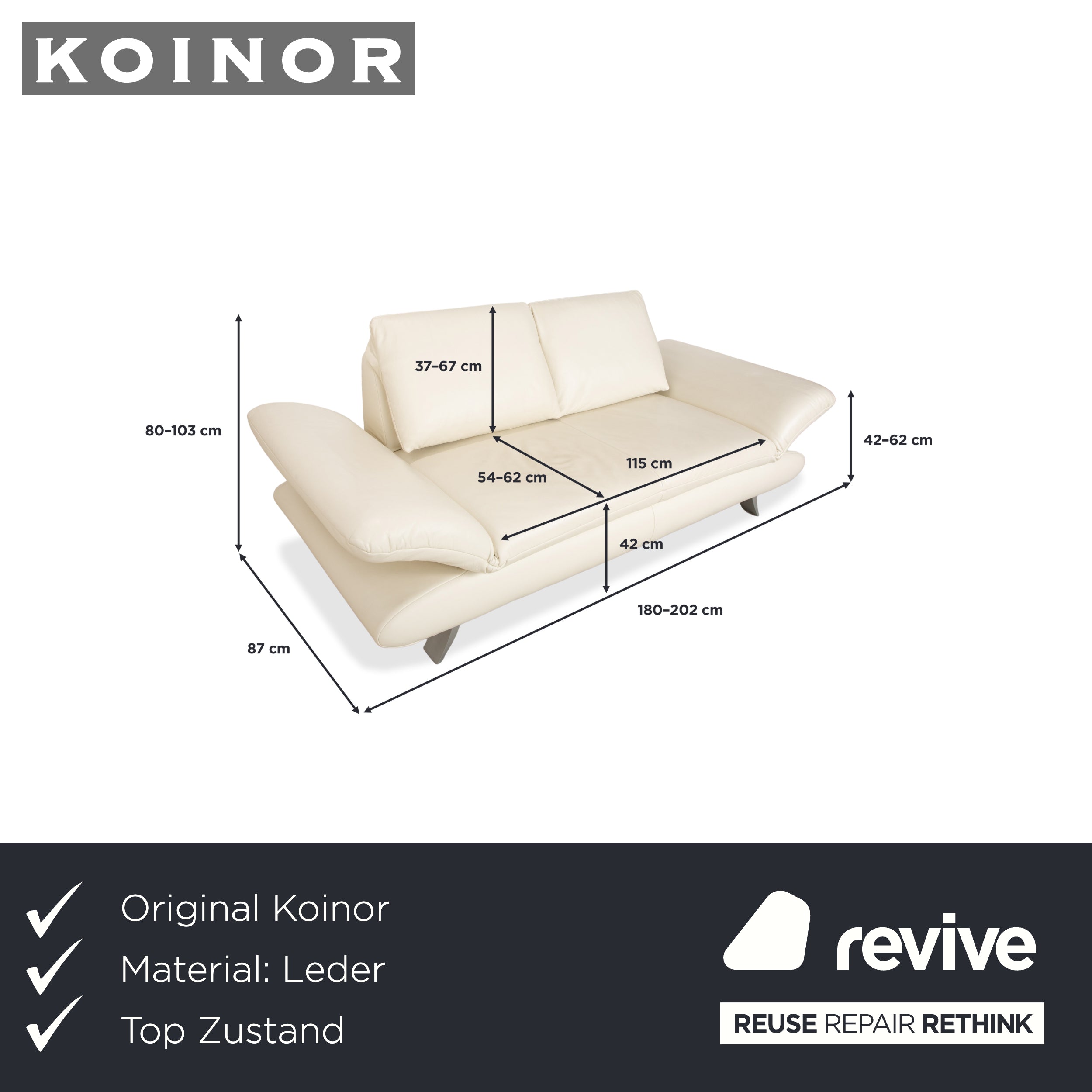 Koinor Velutti Canapé 2 places en cuir crème à fonction manuelle