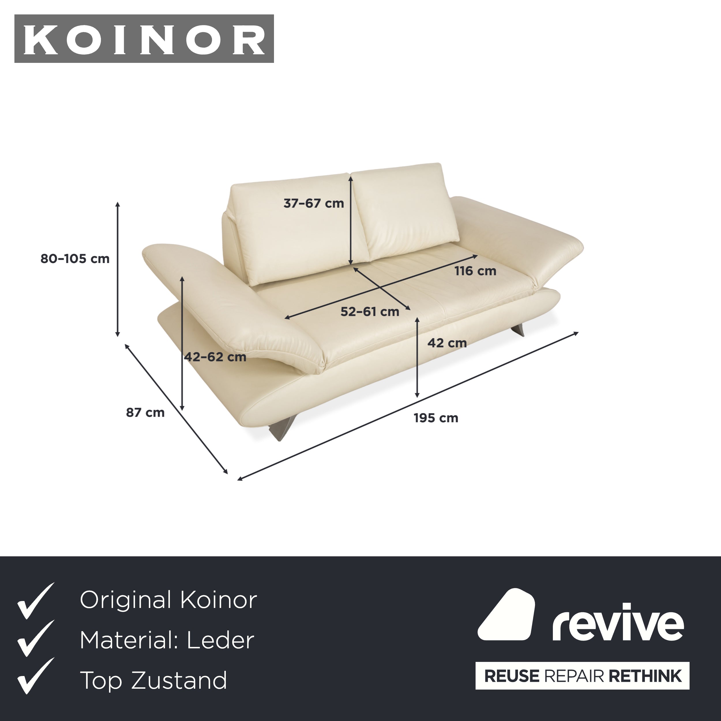 Koinor Velutti Canapé 2 places en cuir crème à fonction manuelle