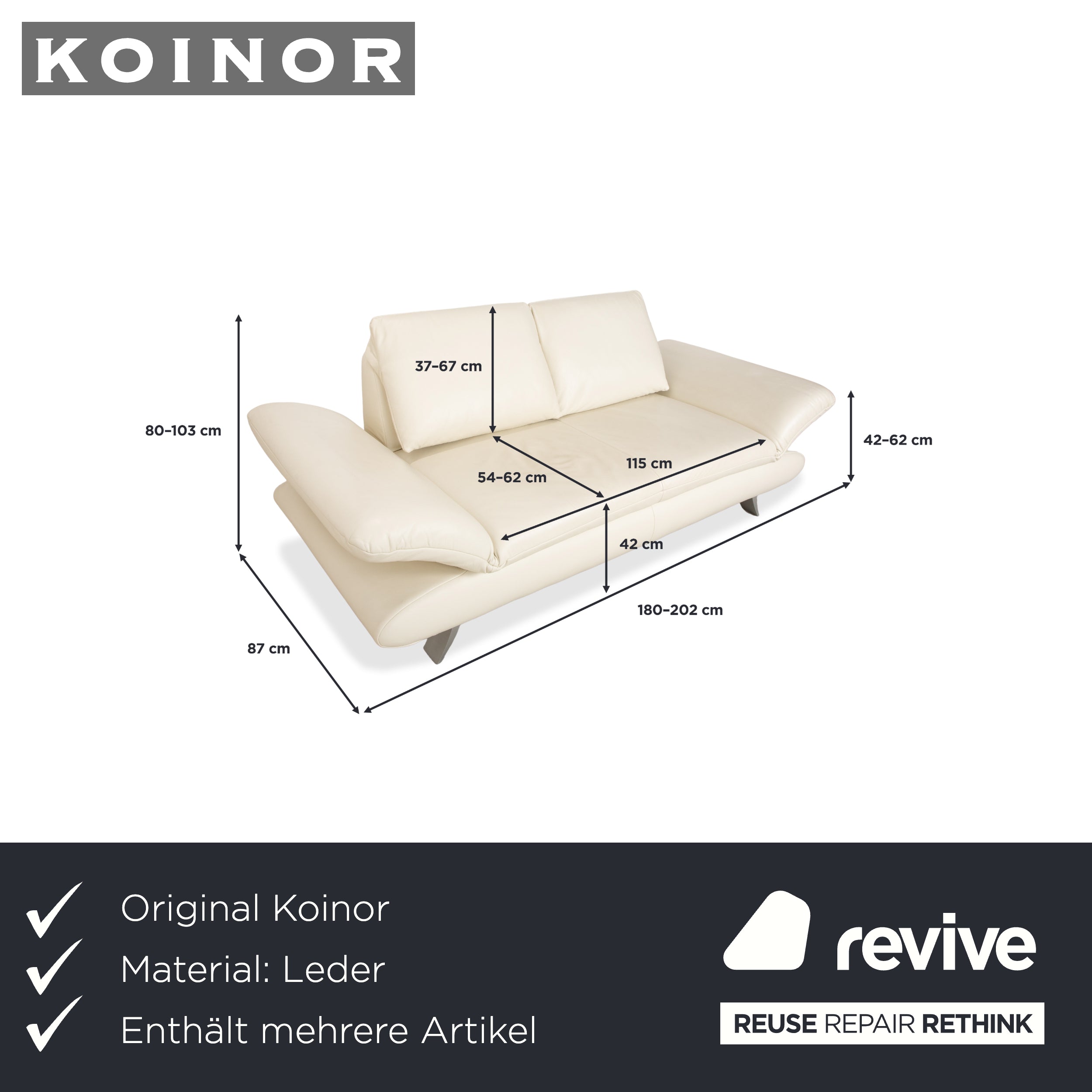 Koinor Velutti Canapé 2 places en cuir crème à fonction manuelle