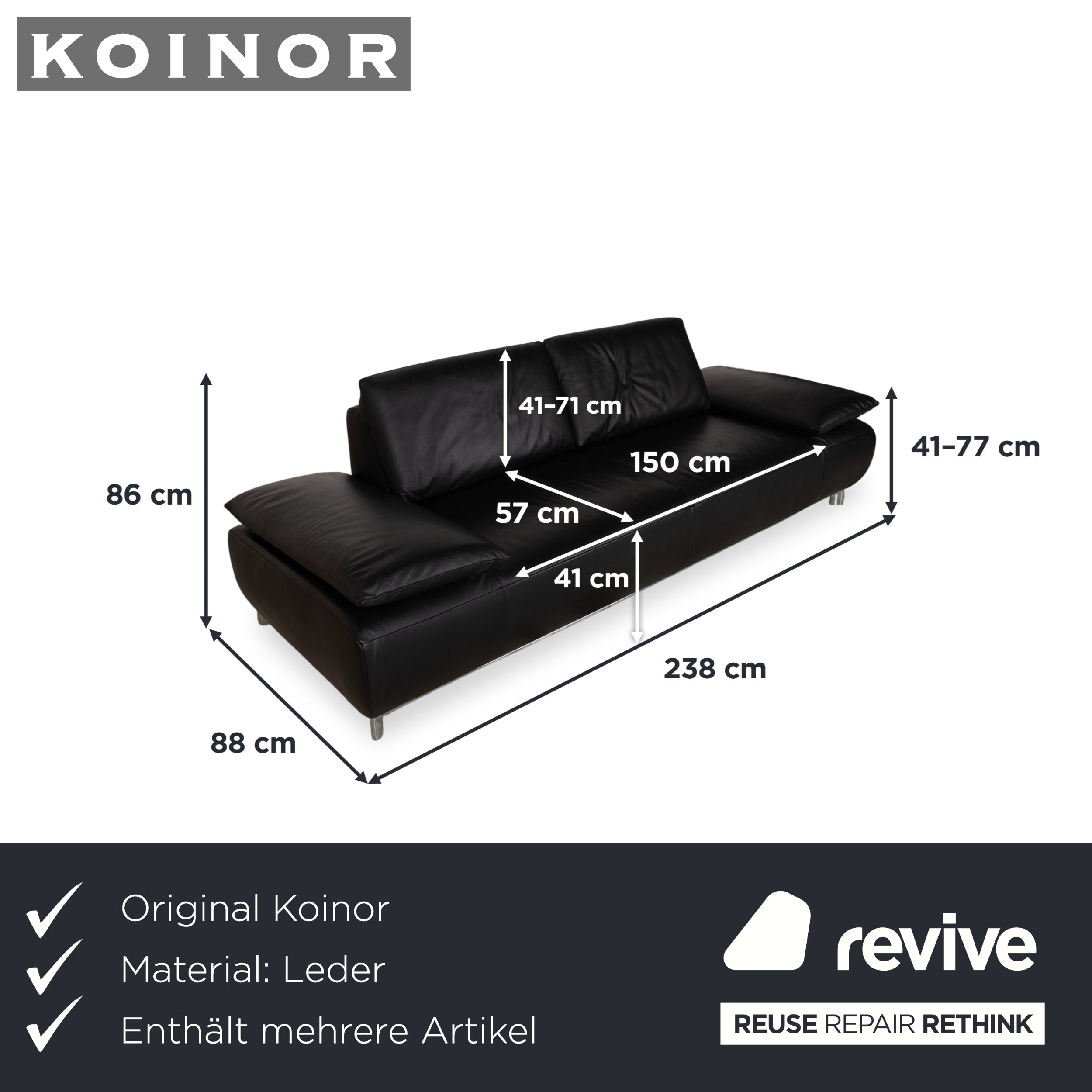 Koinor Volare Garnitur Leder Zweisitzer Dreisitzer Hocker Couchtisch Schwarz manuelle Funktion Sofa Couch