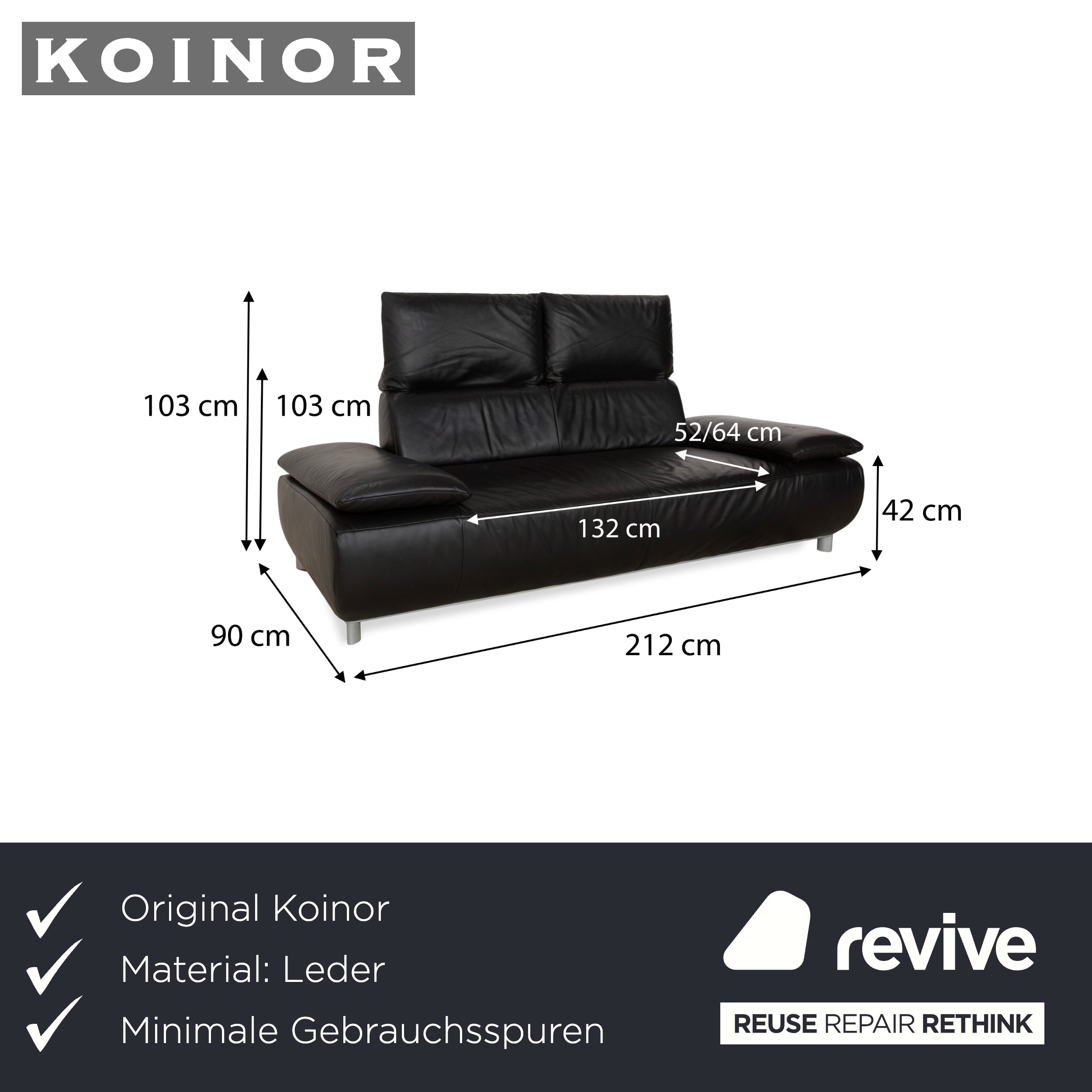 Koinor Volare Leather Two Seater Black Manual Function Sofa Couch