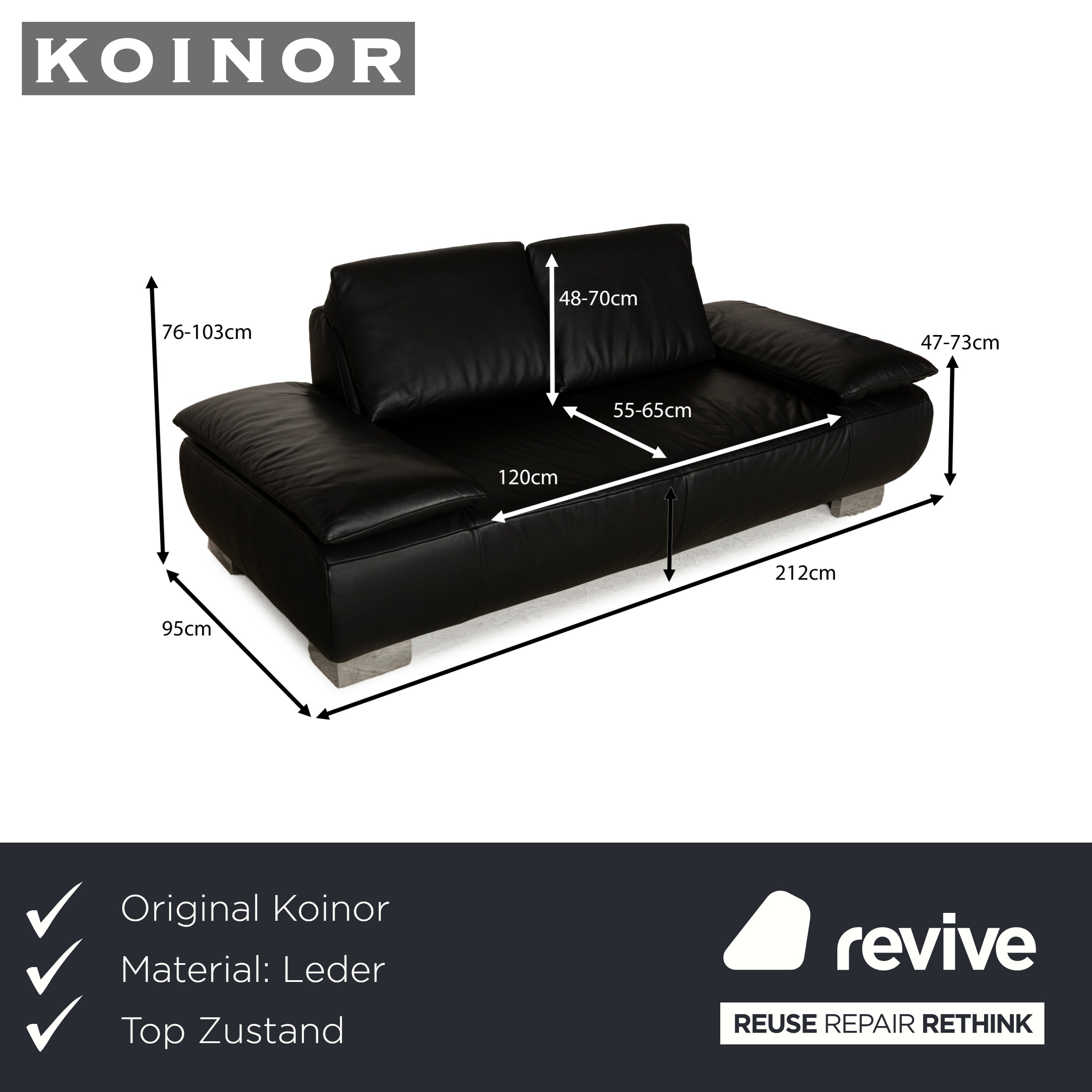 Koinor Volare Leather Two Seater Black Manual Function Sofa Couch
