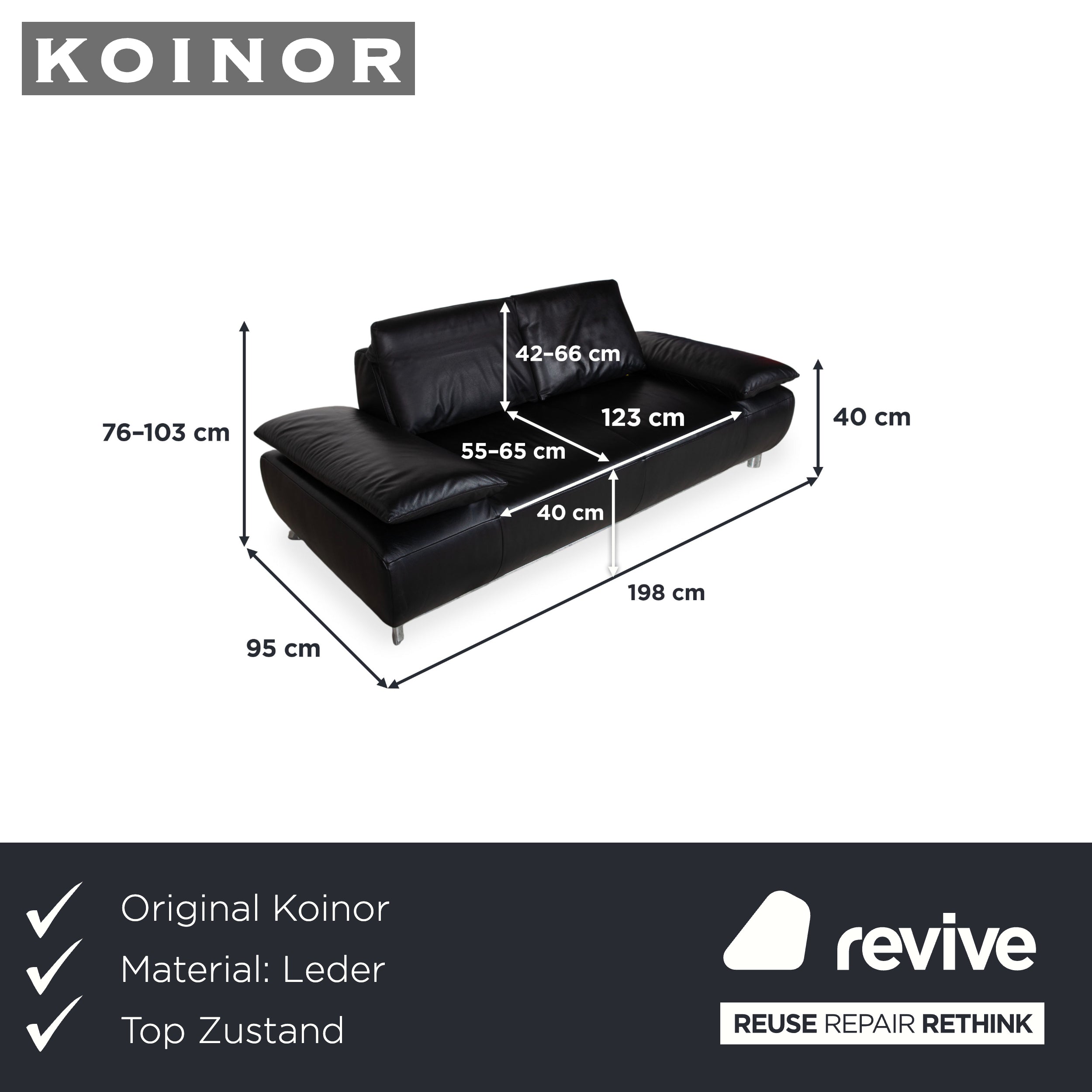 Koinor Volare Leder Zweisitzer Schwarz manuelle Funktion Sofa Couch