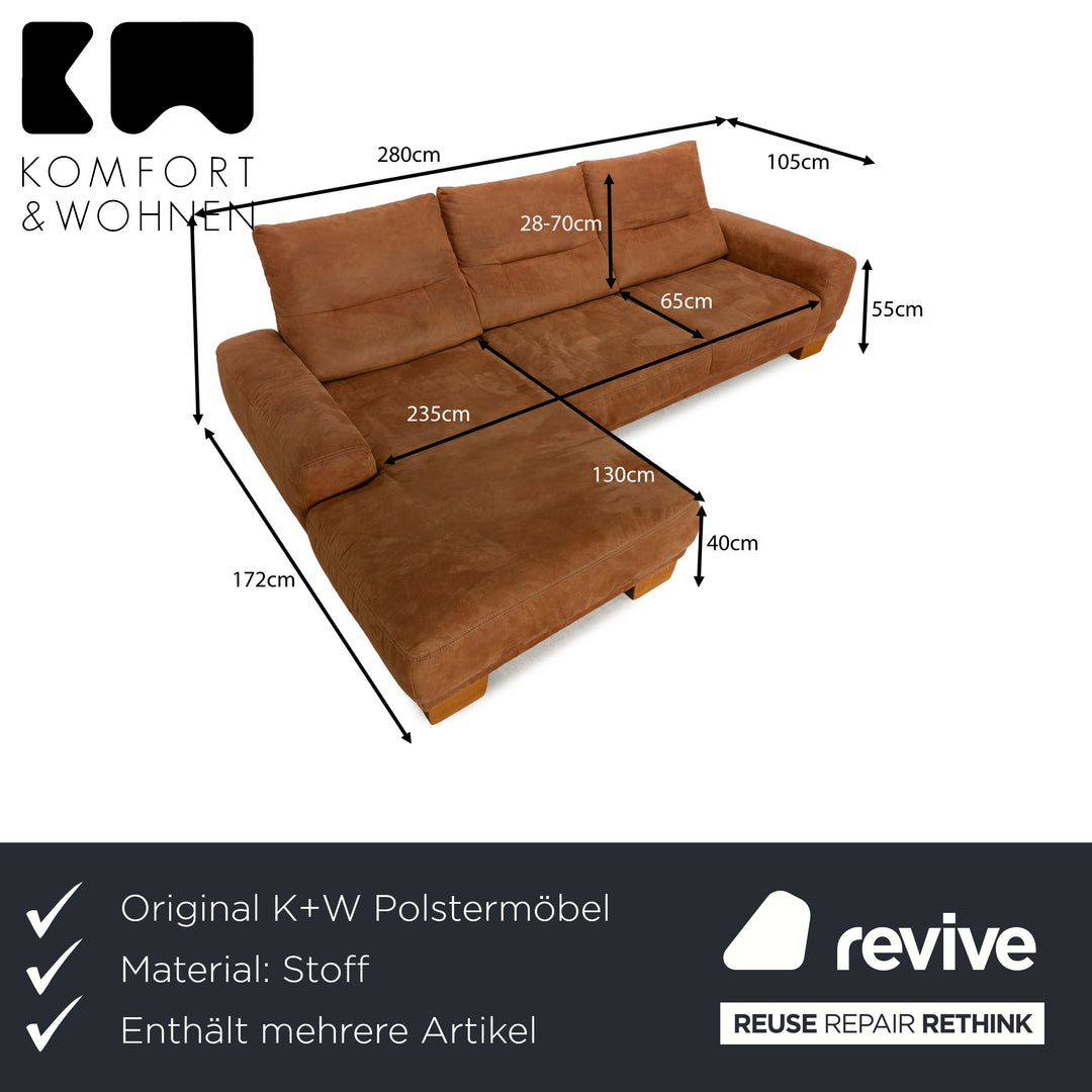 K+W Polstermöbel Soul 7135 Stoff Sofa Garnitur Braun Camel Recamiere Links Ecksofa Couch Hocker manuelle Funktion