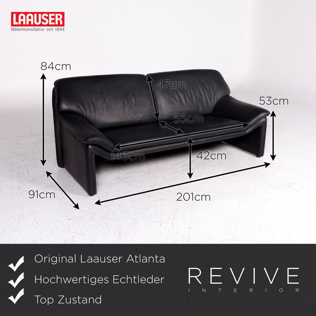 Laauser Atlanta Designer Leather Sofa Black Three-Seater Couch #9554