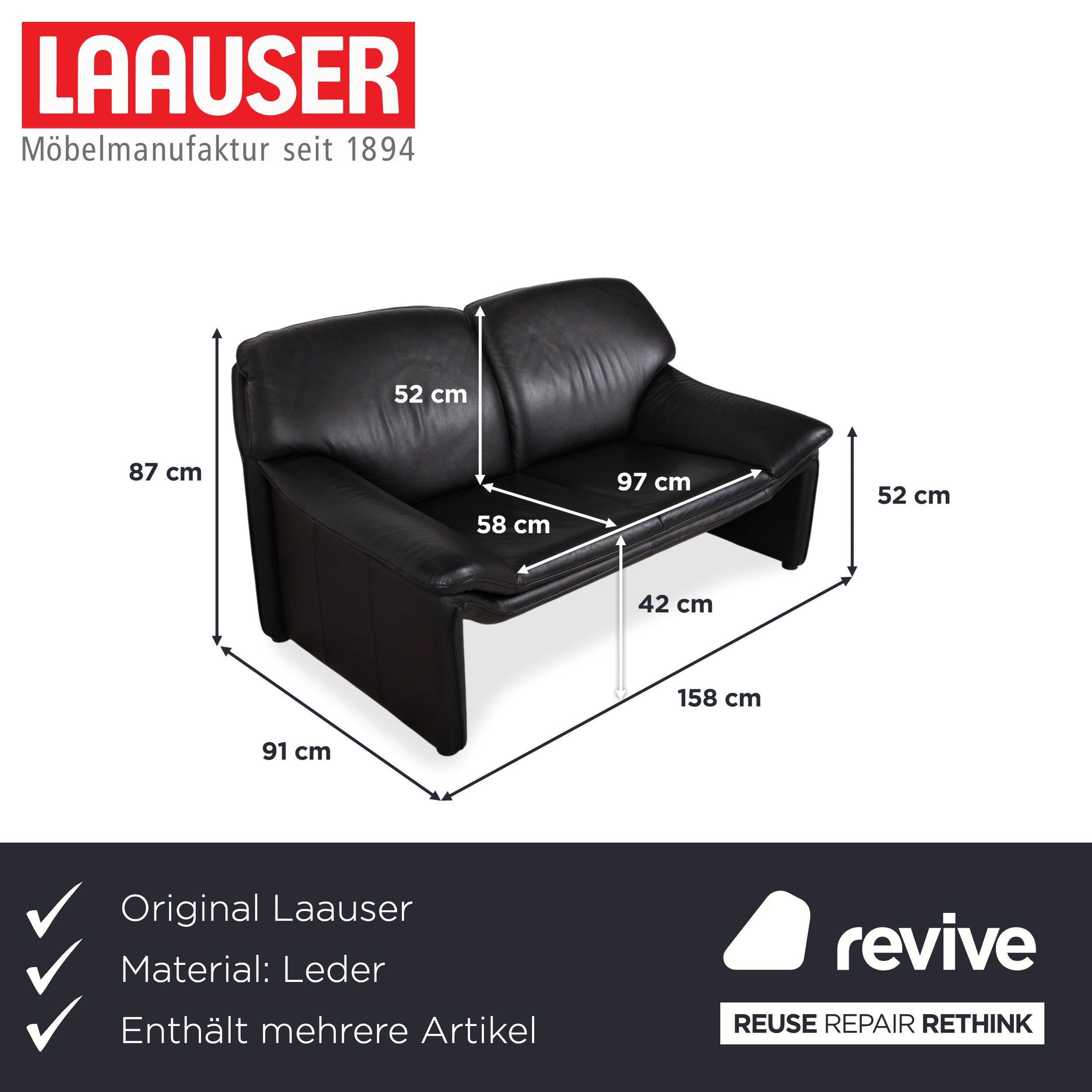 Laauser Atlanta Two-Seater Leather Suite Armchair Black Sofa Couch