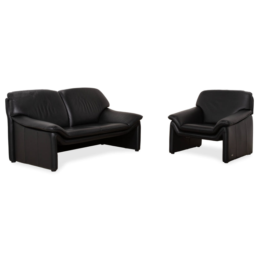Laauser Atlanta Two-Seater Leather Suite Armchair Black Sofa Couch