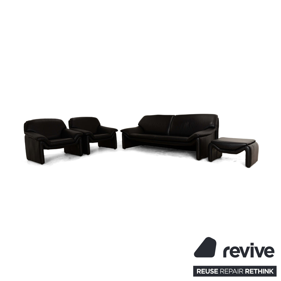 Laauser Atlanta Leather 1x Three-seater Sofa Couch 2x Armchairs 1x Stool Black