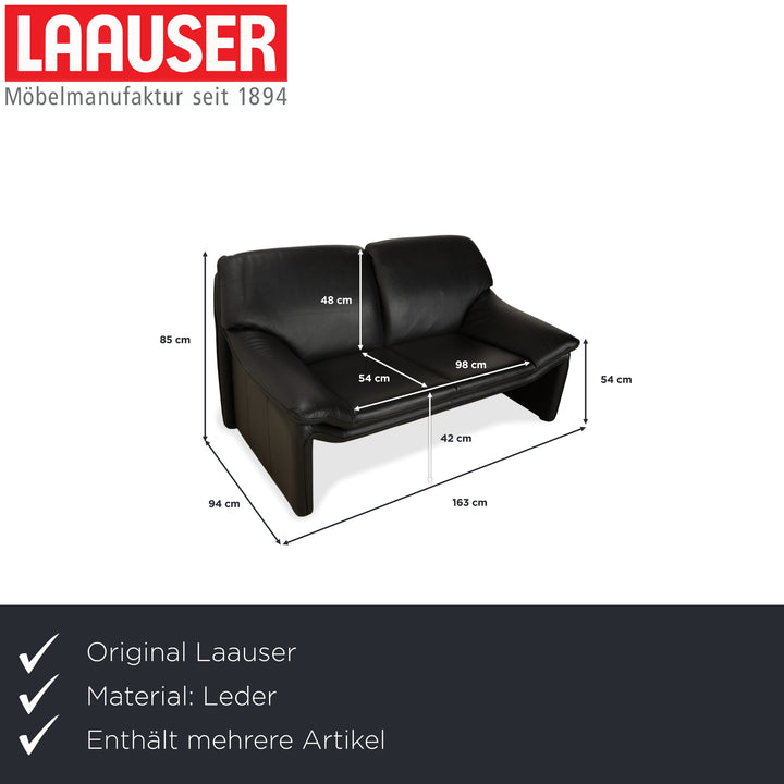 Laauser Atlanta Leather 2x Two-Seater Black Sofa Couch
