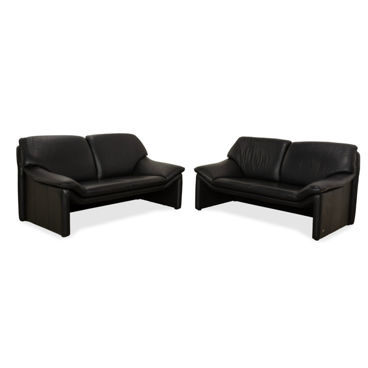 Laauser Atlanta Leather 2x Two-Seater Black Sofa Couch