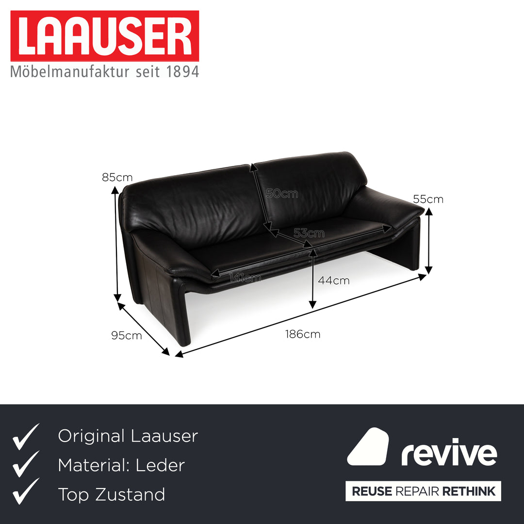 Laauser Atlanta Leather Three Seater Black Sofa Couch