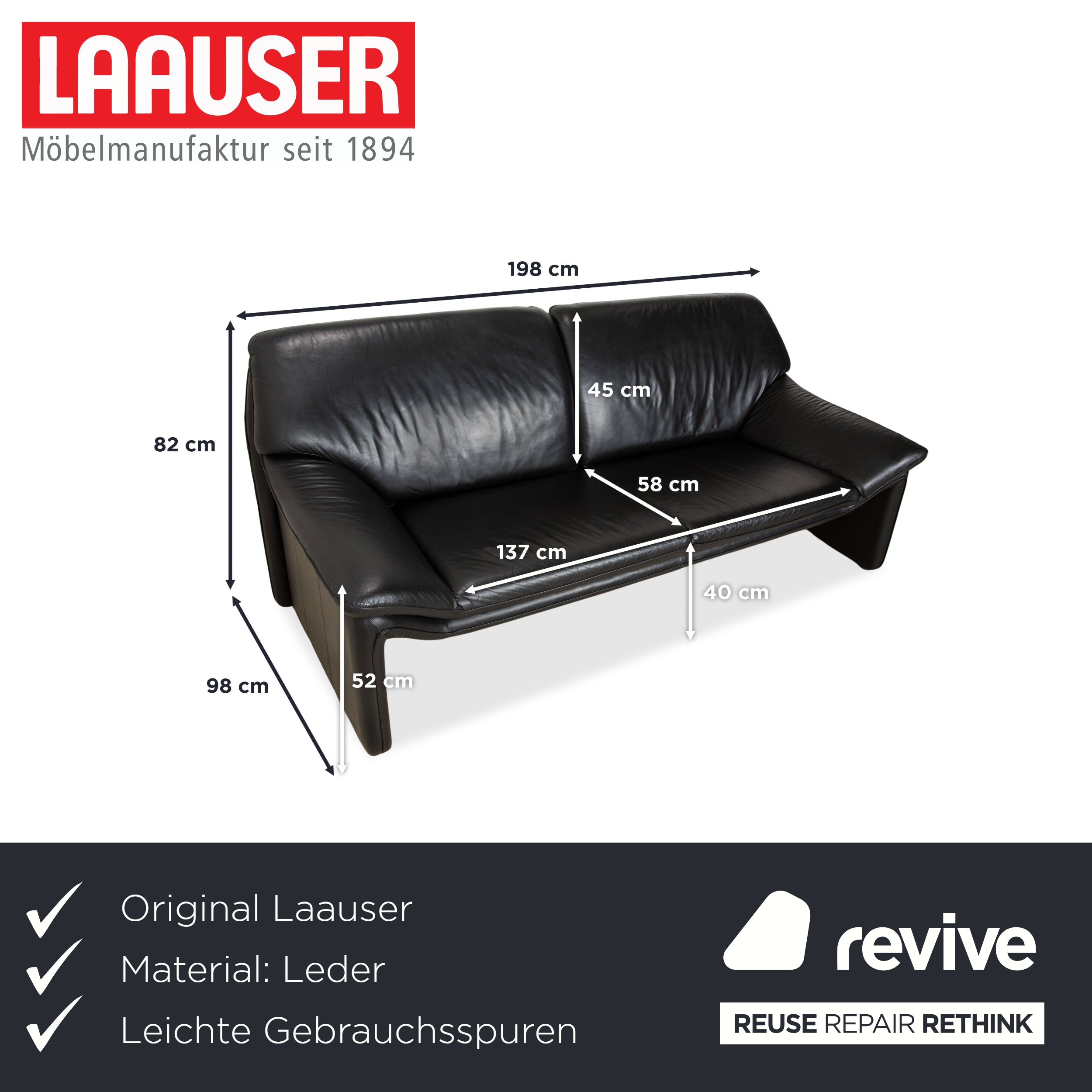 Laauser Atlanta Leather Three Seater Black Sofa Couch