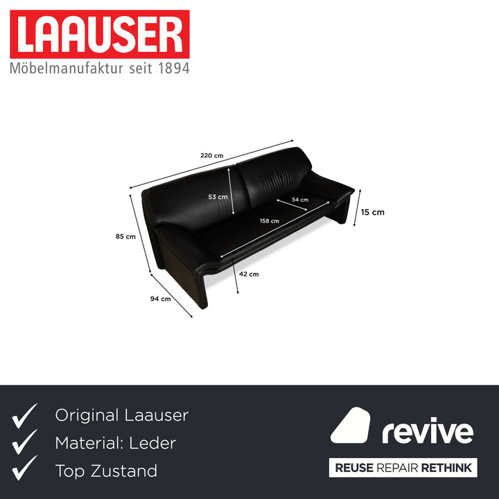 Laauser Atlanta Leather Three Seater Black Sofa Couch