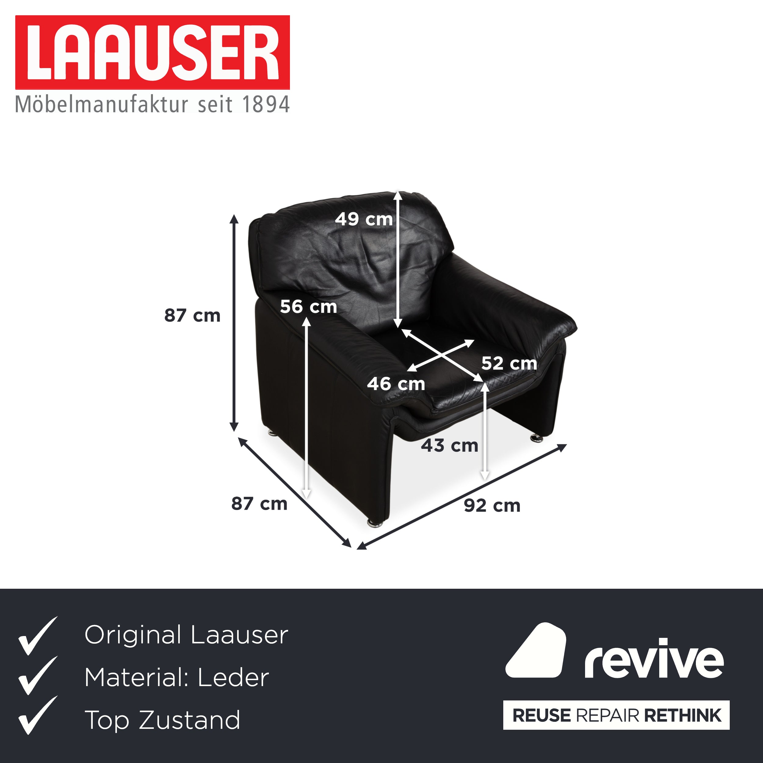 Laauser Atlanta Leder Sessel Schwarz