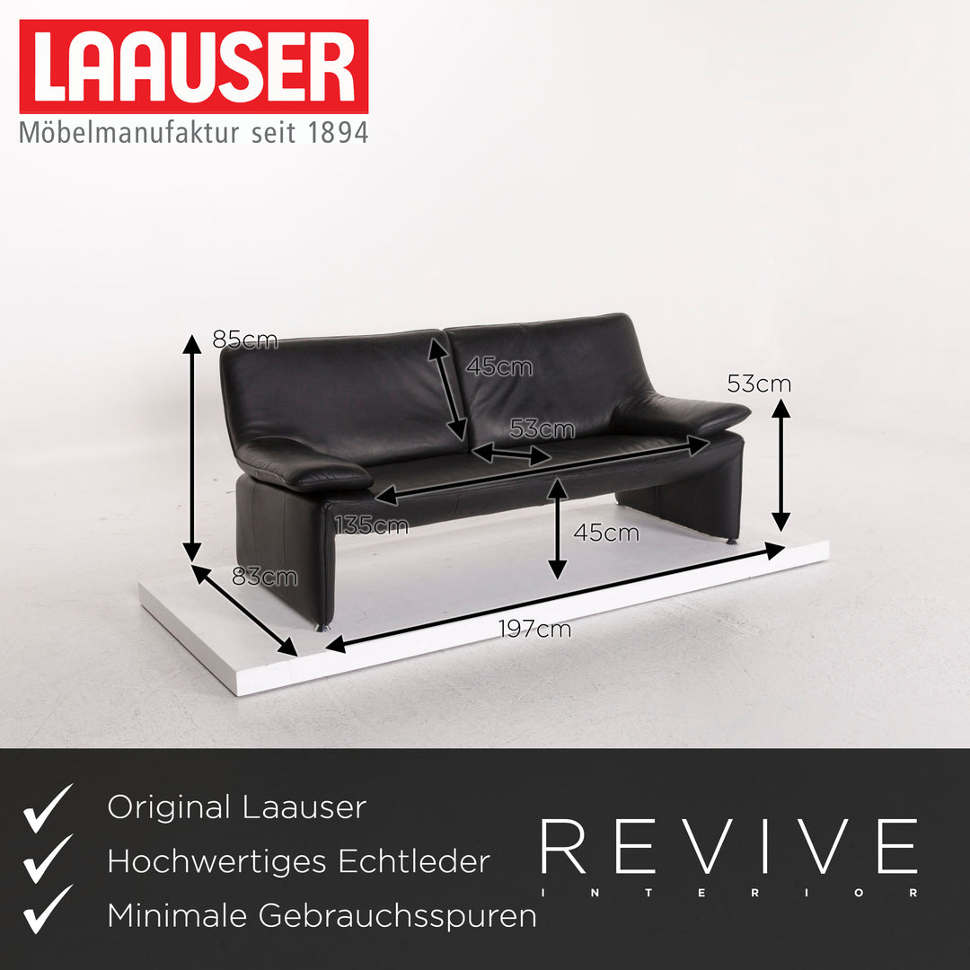 Laauser Flair Leather Sofa Black Three-Seater Couch #12371