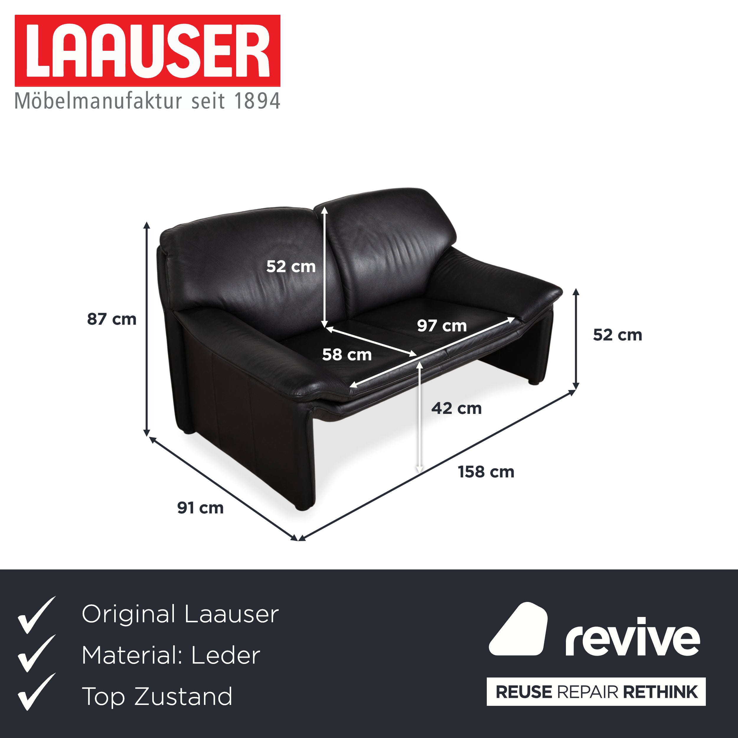 Laauser Atlanta Leather Two Seater Black Sofa Couch
