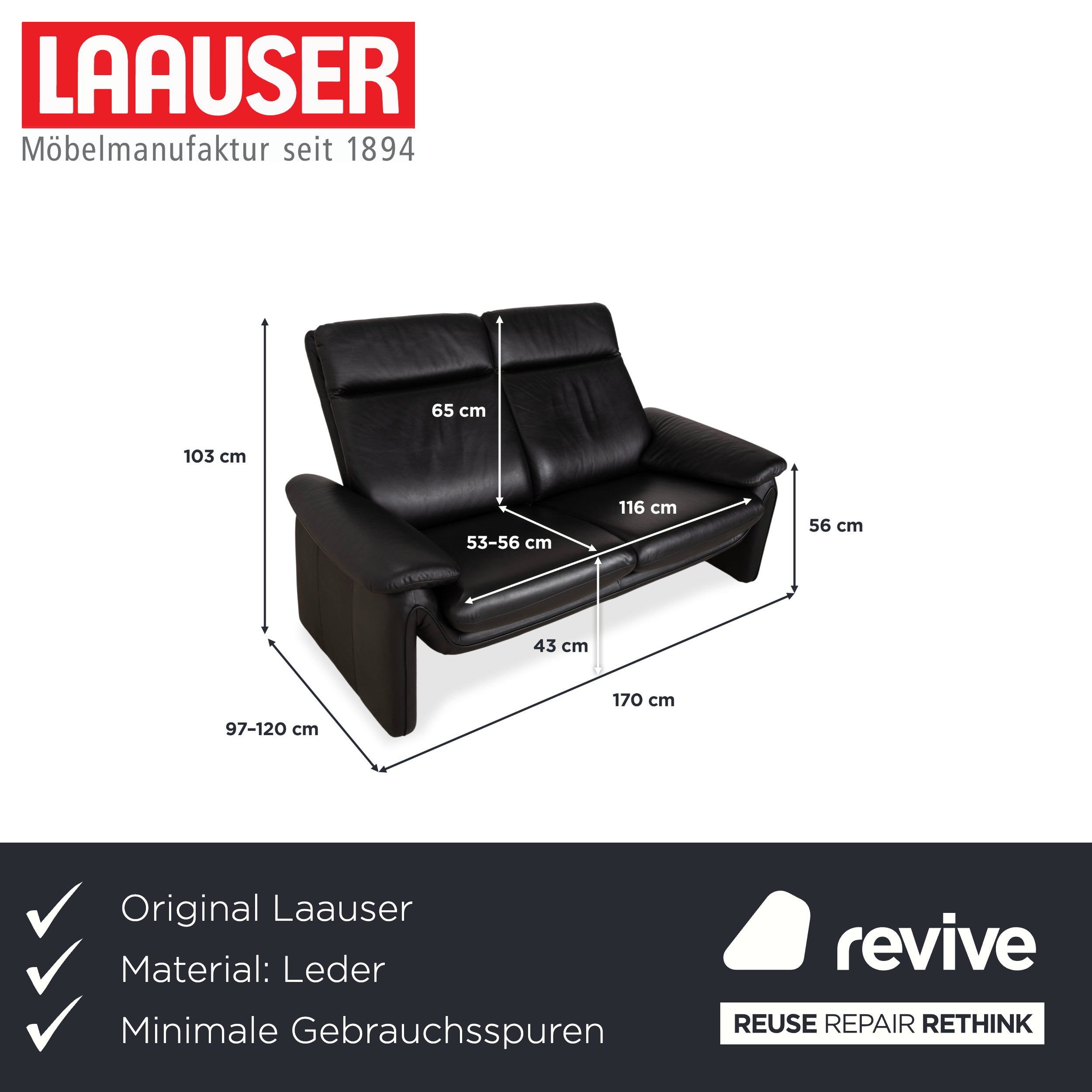 Laauser Atlanta Two-Seater Leather Sofa Black Couch Manual Function