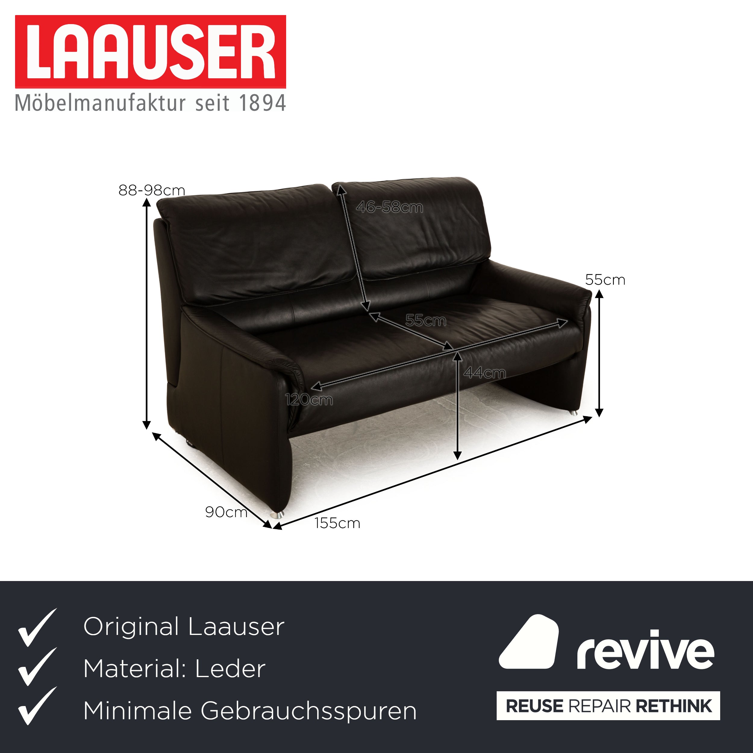 Laauser Camaro Leder Zweisitzer Schwarz Sofa Couch manuelle Funktion
