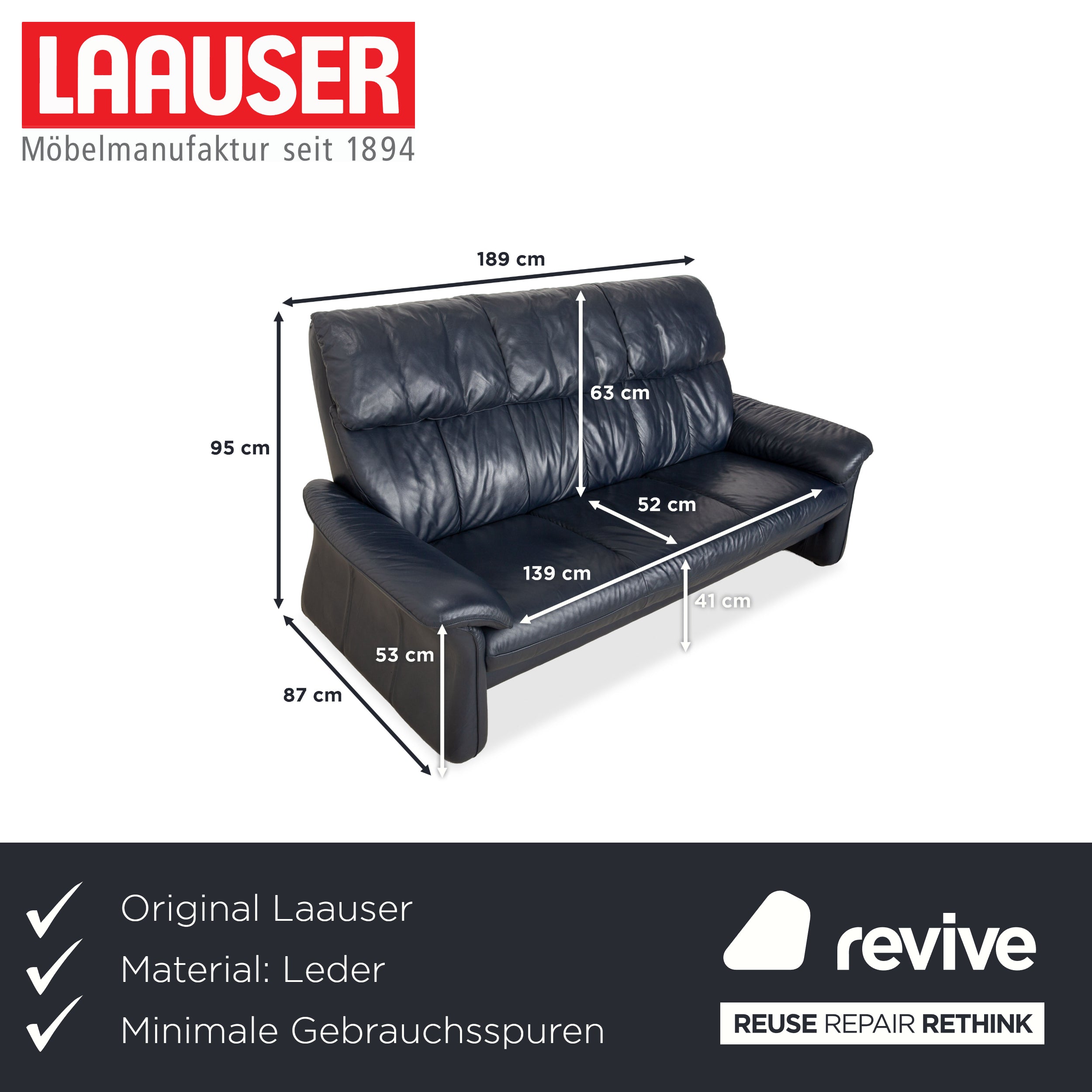 Laauser leather three-seater dark blue sofa couch