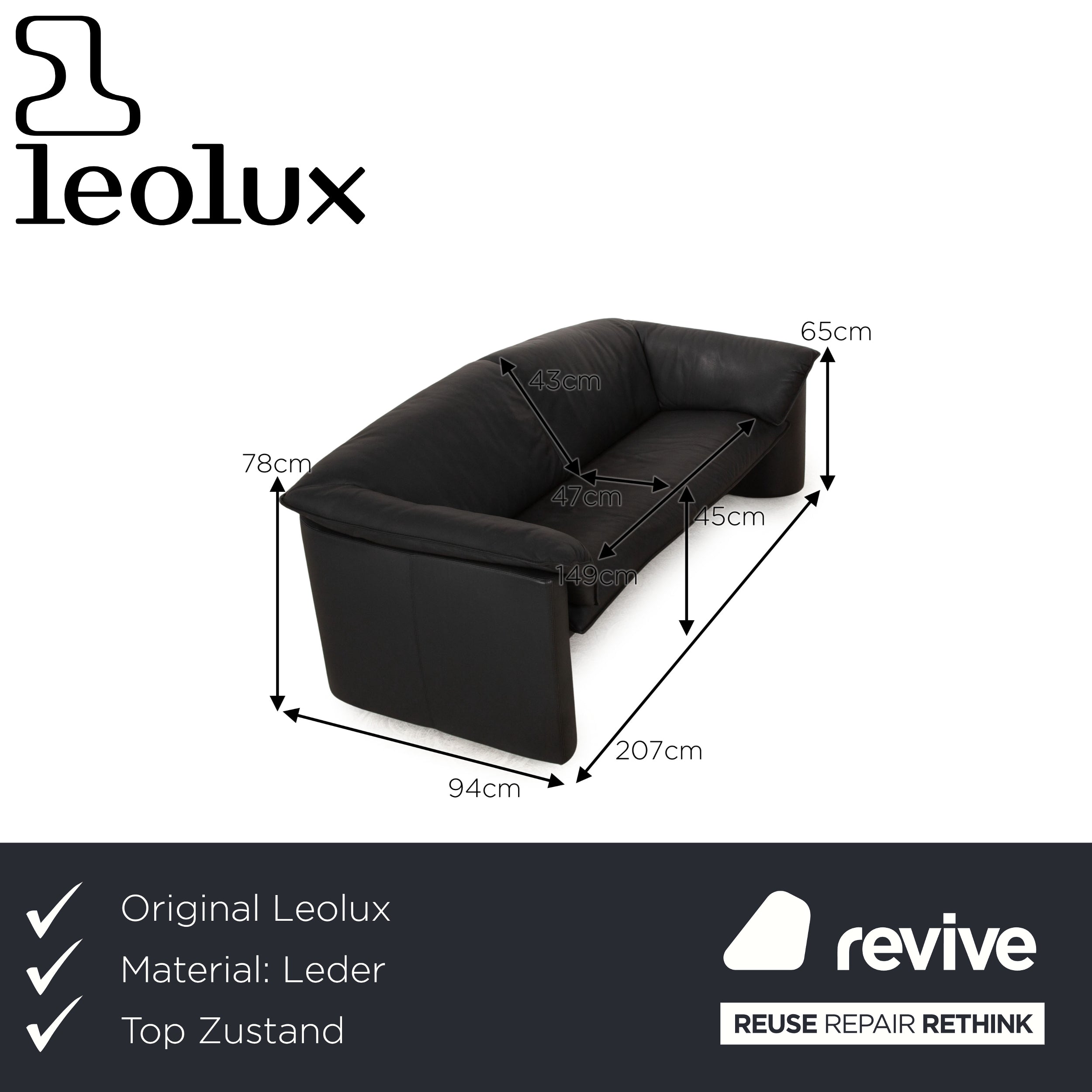 Leolux Clio Leder Zweisitzer Grau Sofa Couch