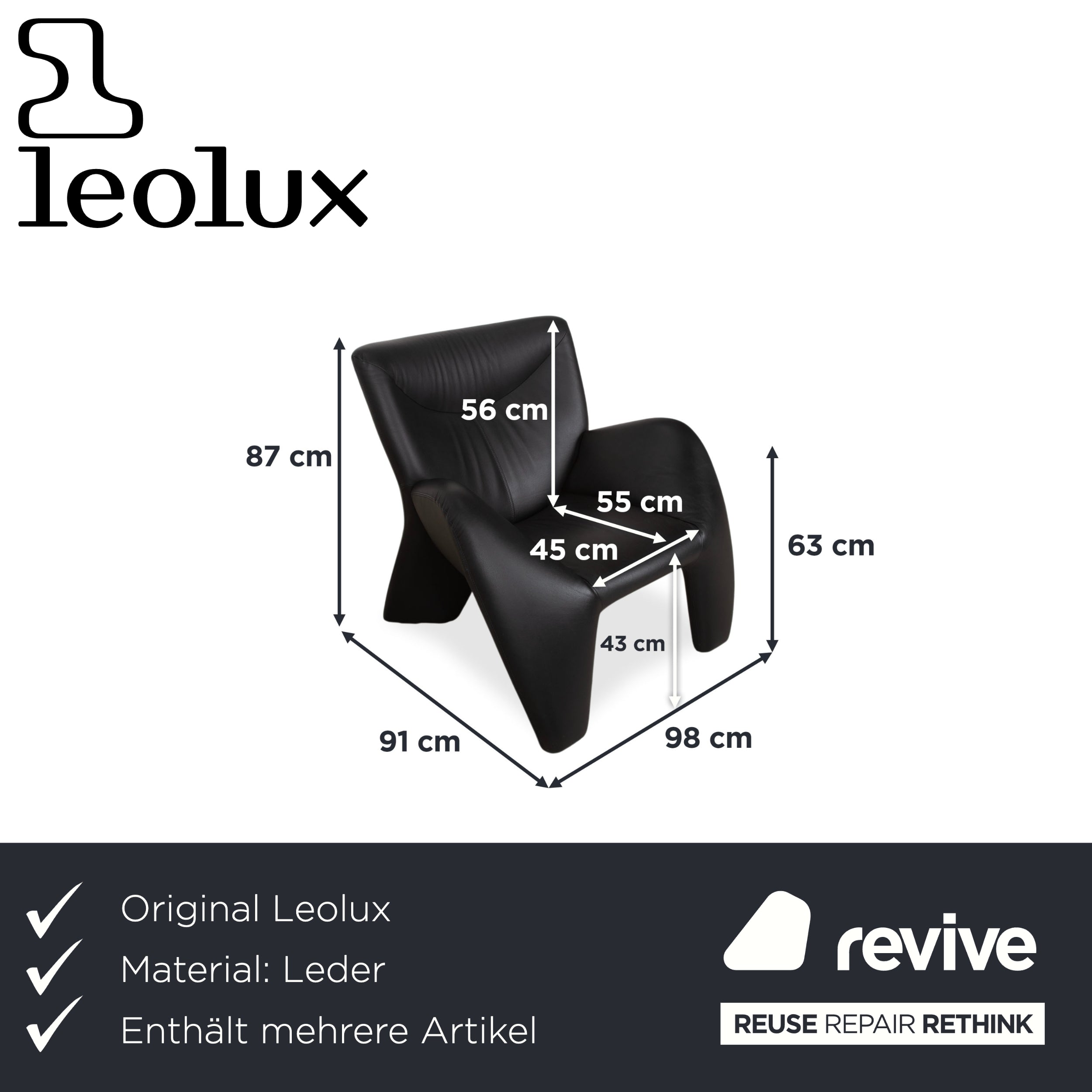 Leolux Echnaton Ensemble Cuir 2x Fauteuils Canapé Deux Places Noir