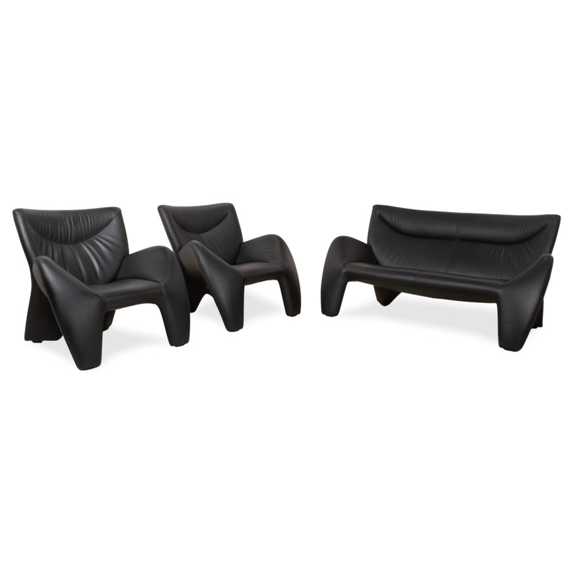 Leolux Echnaton Ensemble Cuir 2x Fauteuils Canapé Deux Places Noir