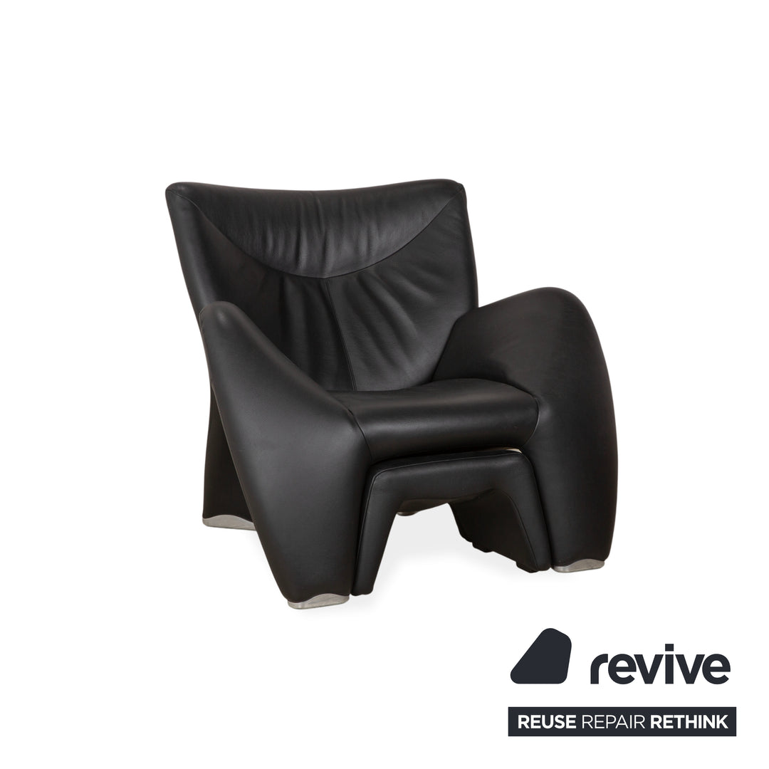 Leolux Echnaton Leather Armchair Black Anthracite incl. Footstool