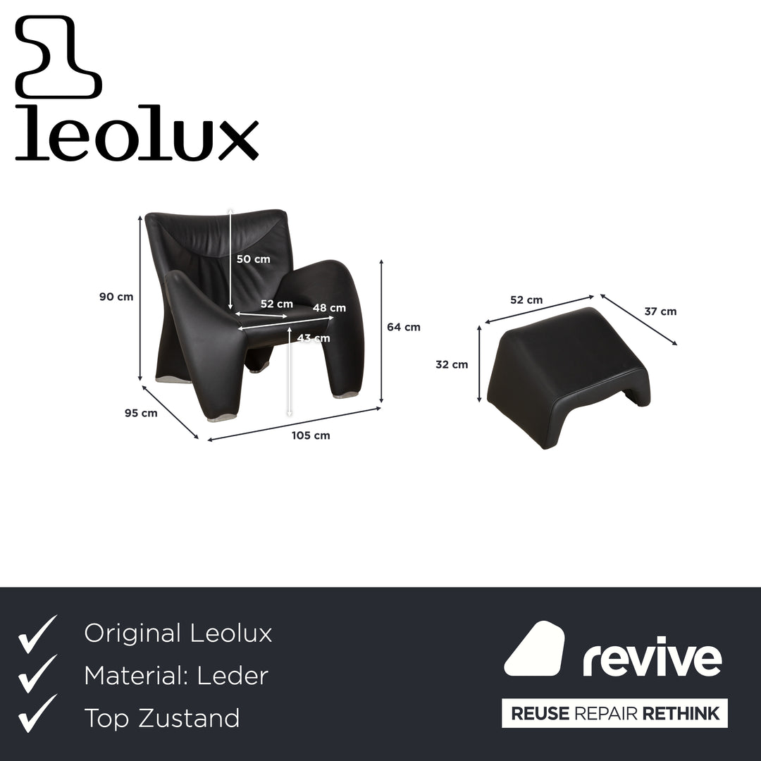 Leolux Echnaton Leather Armchair Black Anthracite incl. Footstool