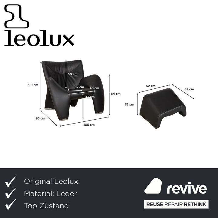 Leolux Echnaton Leather Armchair Black Anthracite incl. Footstool