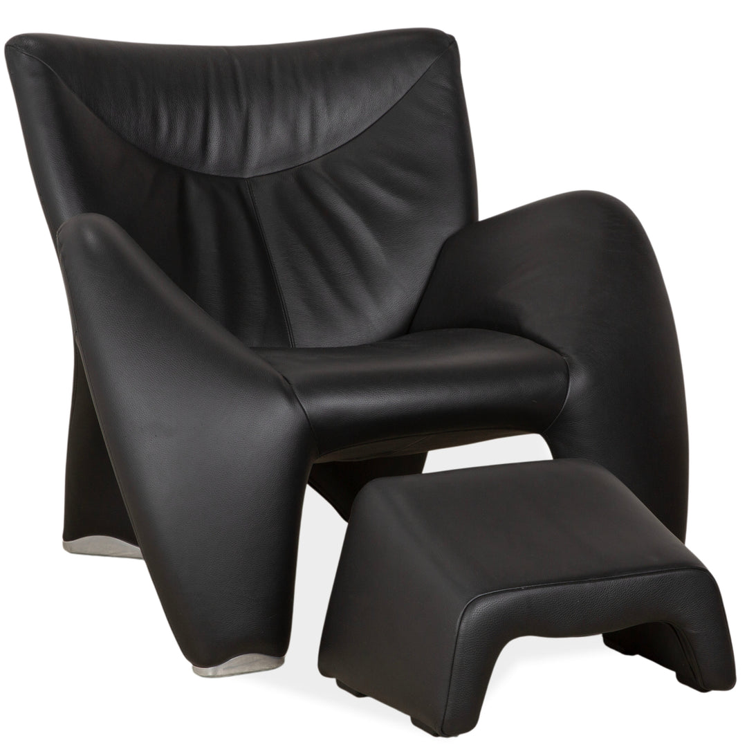 Leolux Echnaton Leather Armchair Black Anthracite incl. Footstool