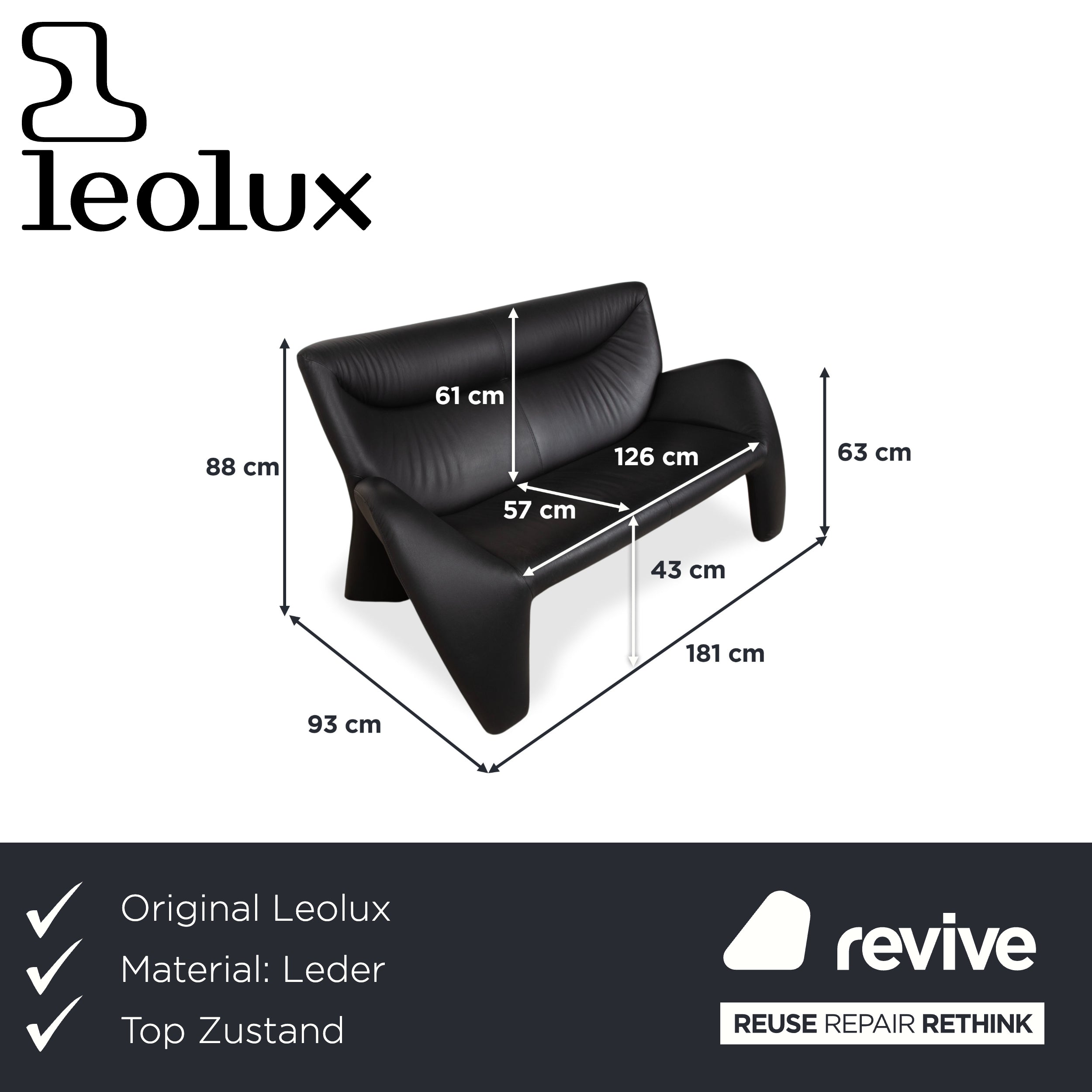 Leolux Echnaton canapé deux places en cuir noir