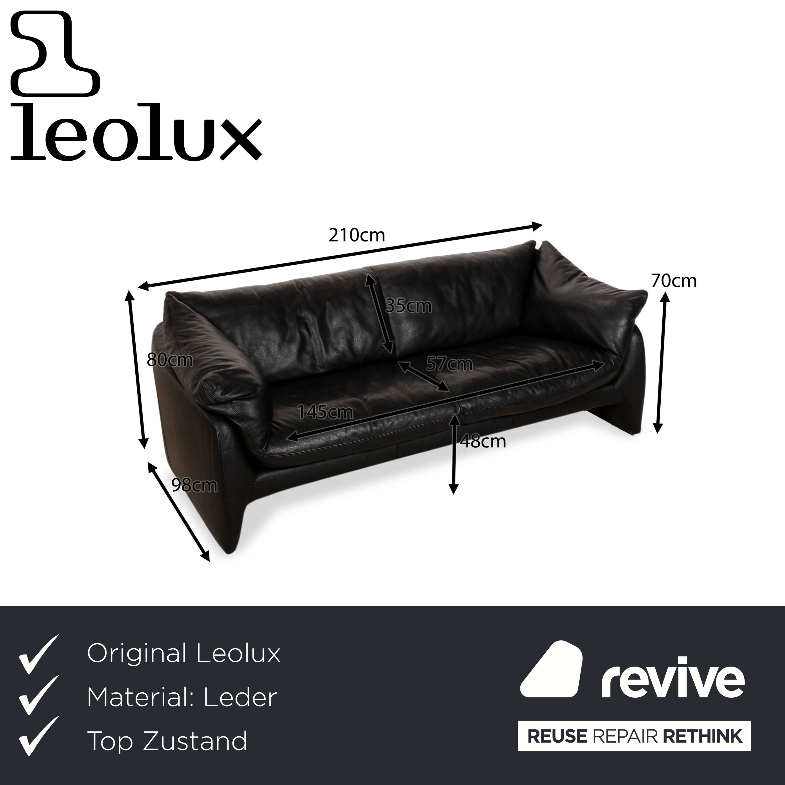 Leolux Edison Leder Dreisitzer Schwarz Sofa Couch