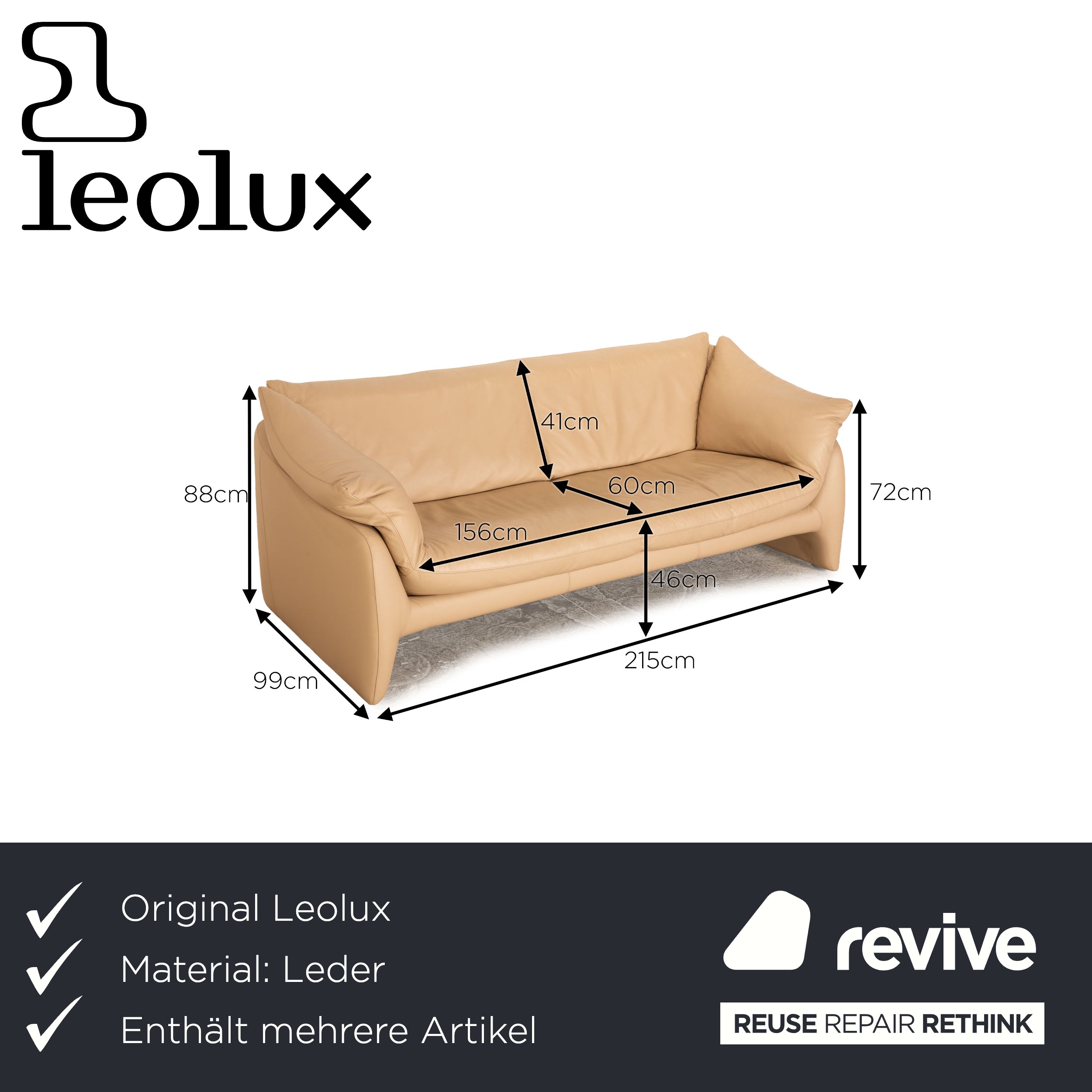 Leolux Edison Leder Sofa Garnitur Creme 2x Dreisitzer Couch