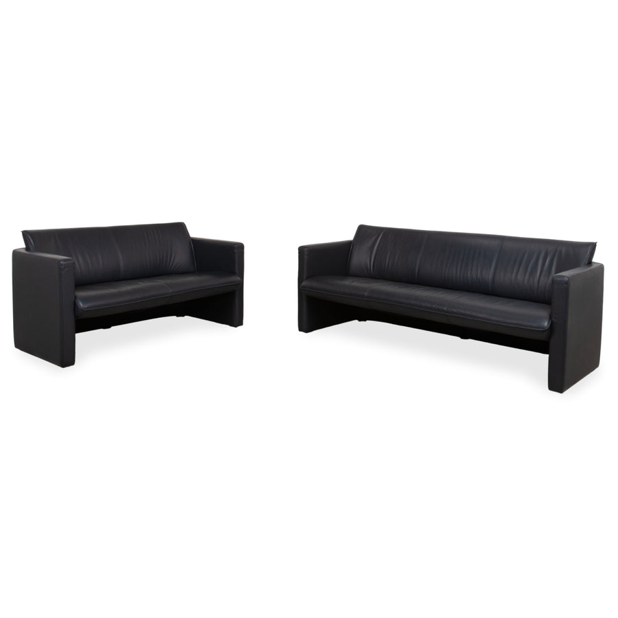 Leolux Garnitur Leder Dreisitzer Zweisitzer Dunkelblau Sofa Couch