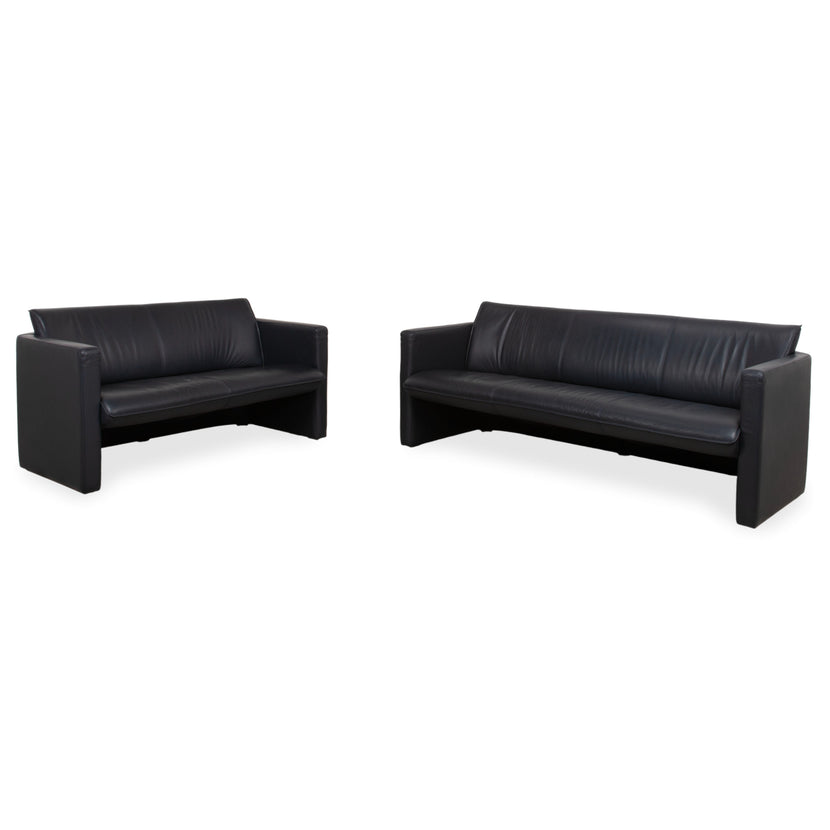 Leolux Garnitur Leder Dreisitzer Zweisitzer Dunkelblau Sofa Couch