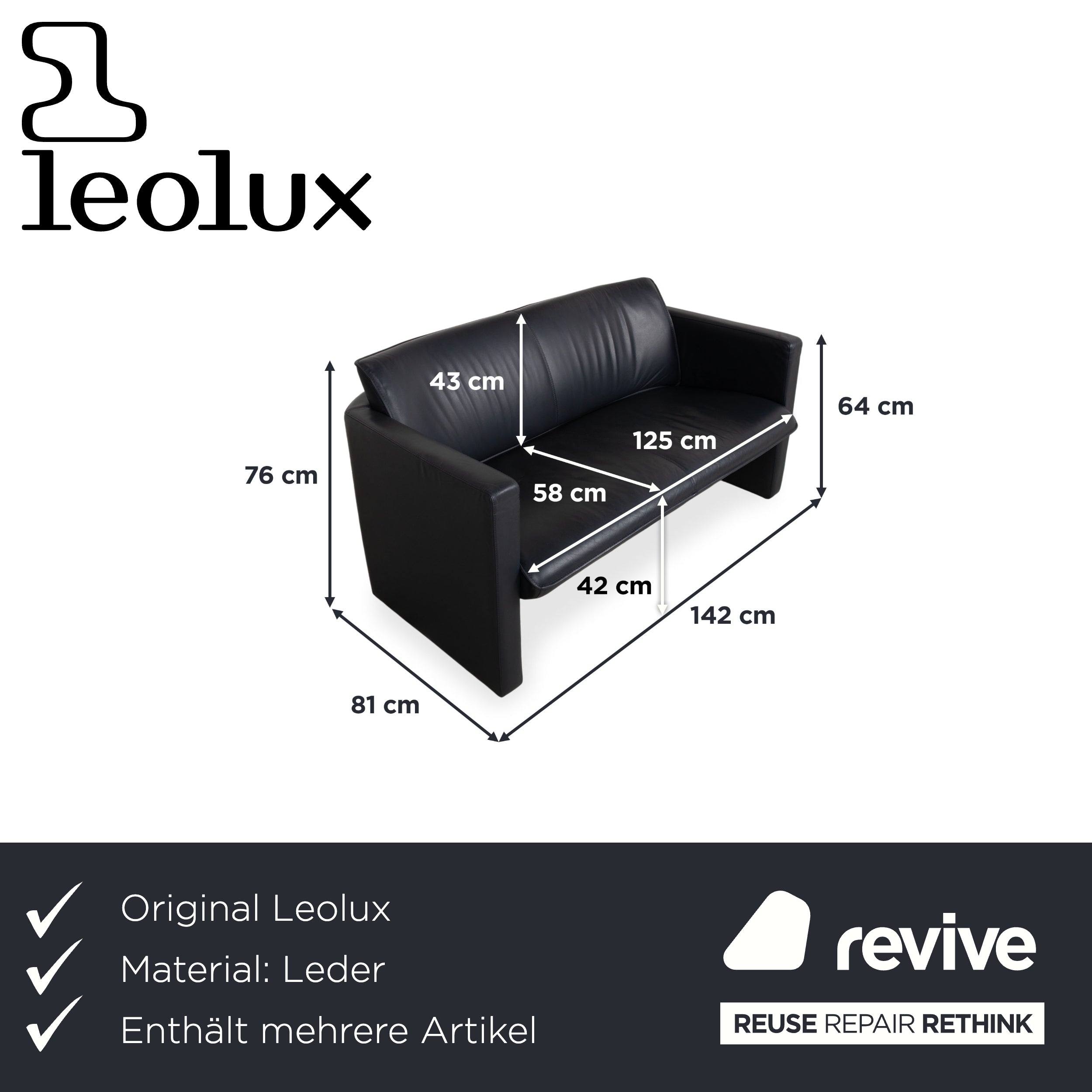 Leolux Salon Cuir Trois places Deux places Repose-pieds Bleu foncé Canapé Divan