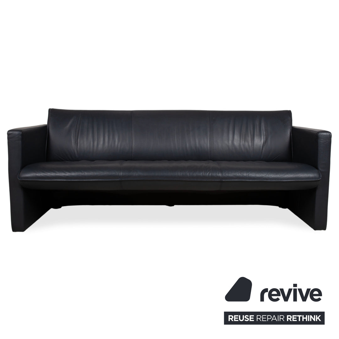 Leolux Garnitur Leder Dreisitzer Zweisitzer Hocker Dunkelblau Sofa Couch