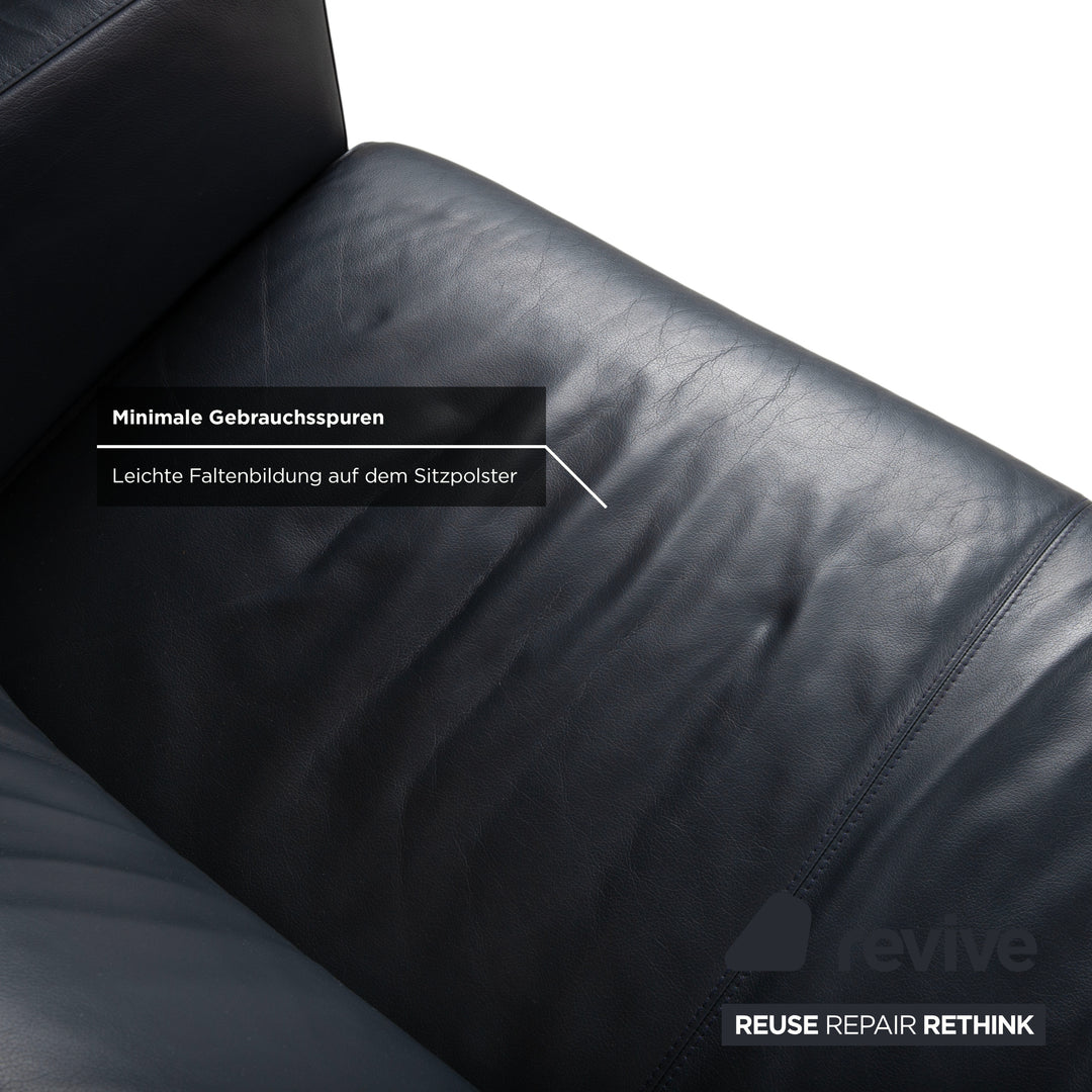 Leolux Garnitur Leder Dreisitzer Zweisitzer Hocker Dunkelblau Sofa Couch
