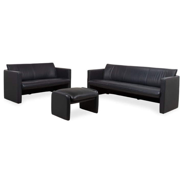 Leolux Garnitur Leder Dreisitzer Zweisitzer Hocker Dunkelblau Sofa Couch