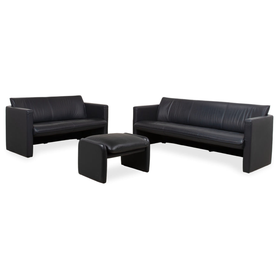 Leolux Garnitur Leder Dreisitzer Zweisitzer Hocker Dunkelblau Sofa Couch
