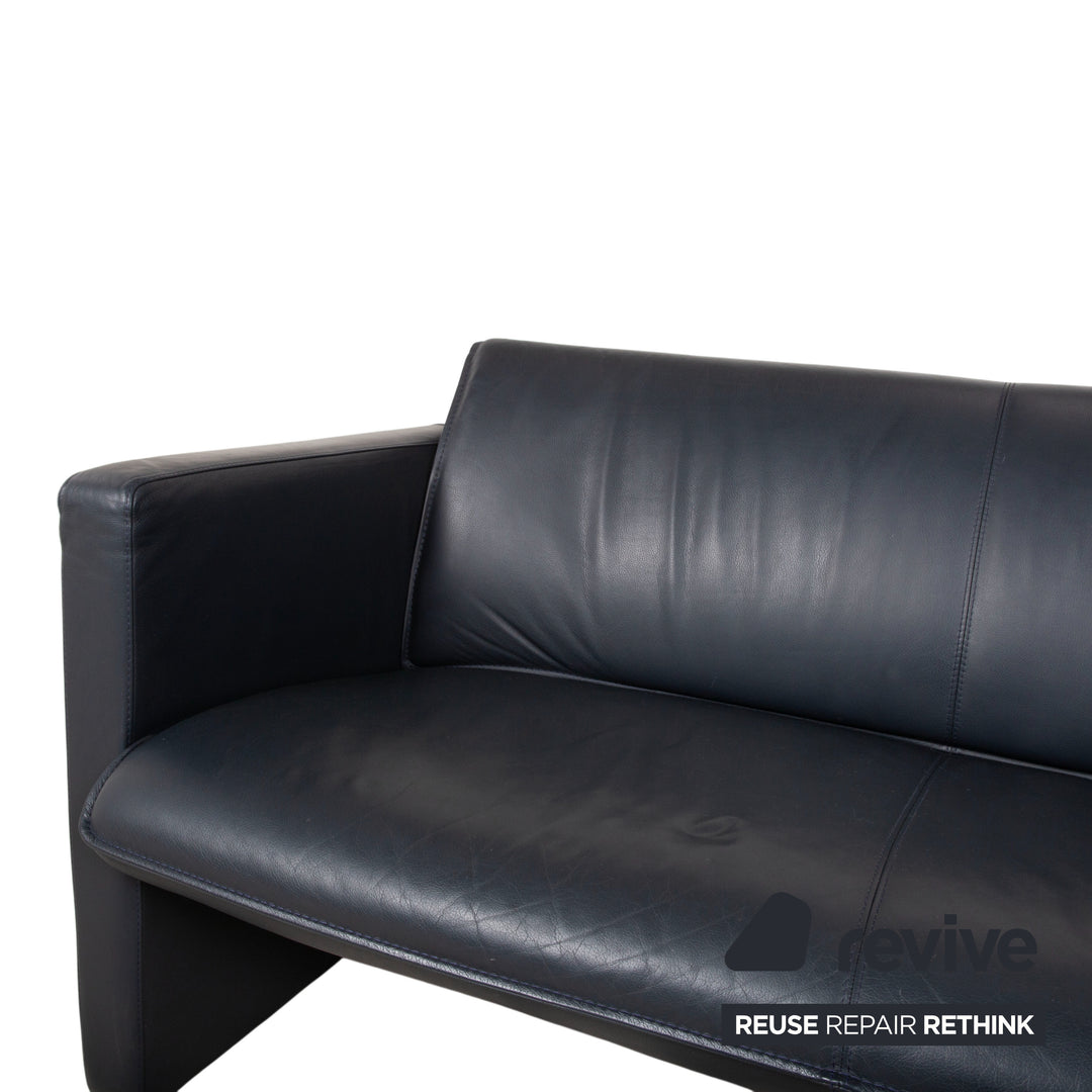 Leolux Garnitur Leder Dreisitzer Zweisitzer Hocker Dunkelblau Sofa Couch