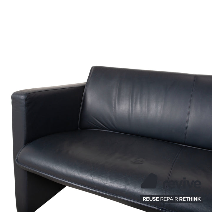 Leolux Garnitur Leder Dreisitzer Zweisitzer Hocker Dunkelblau Sofa Couch