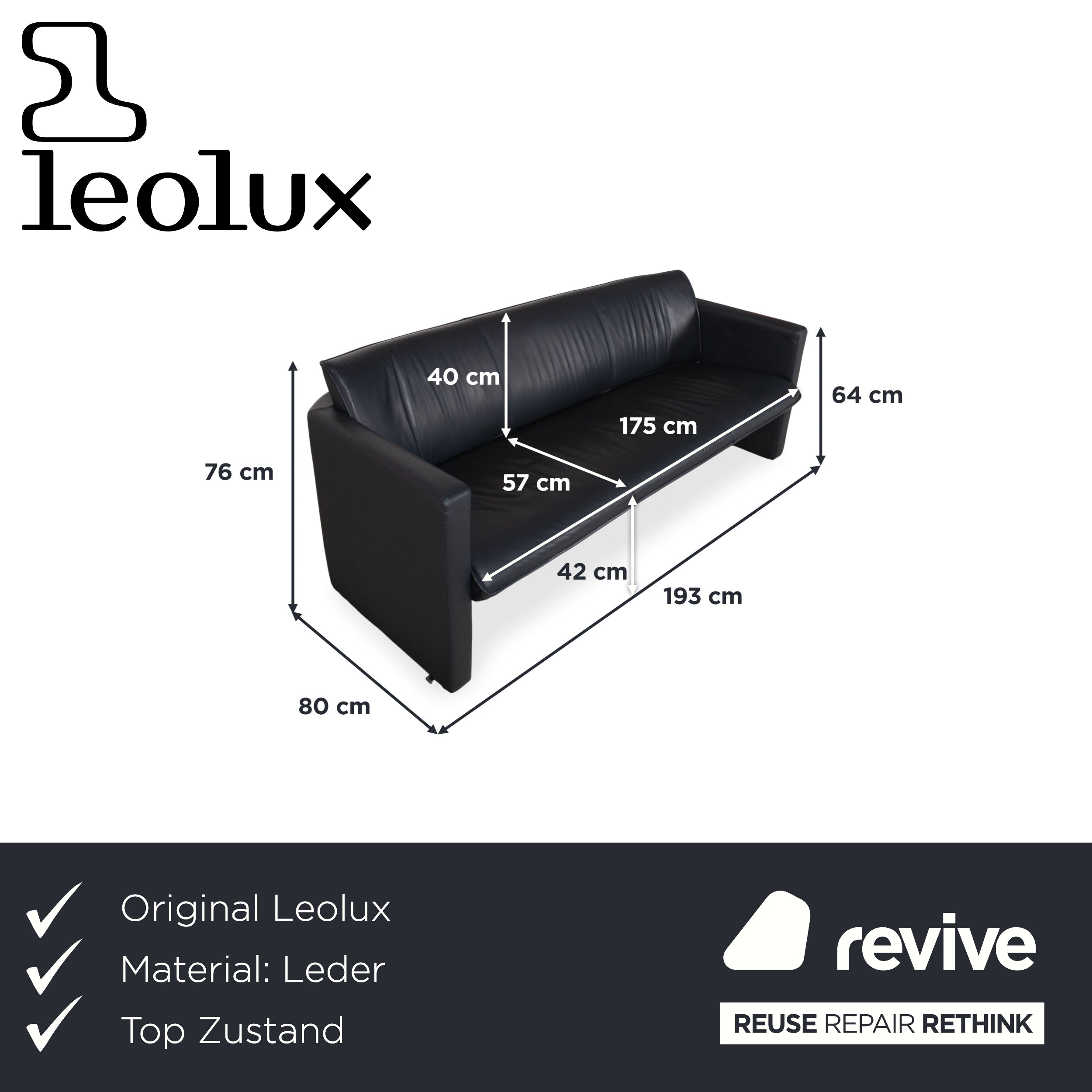 Leolux Leder Dreisitzer Dunkelblau Sofa Couch