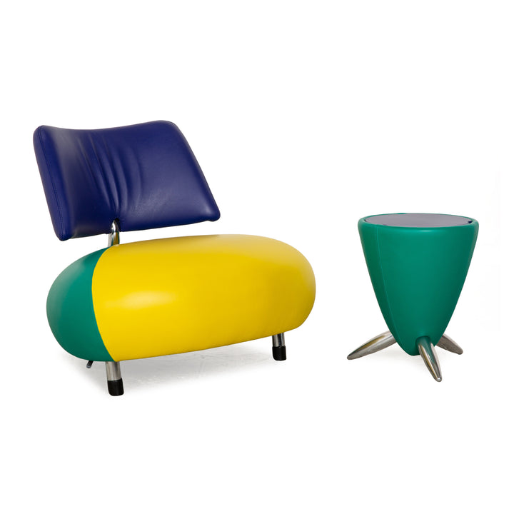 Leolux Pallone Leather Armchair Set Yellow Green Blue Armchair Stool