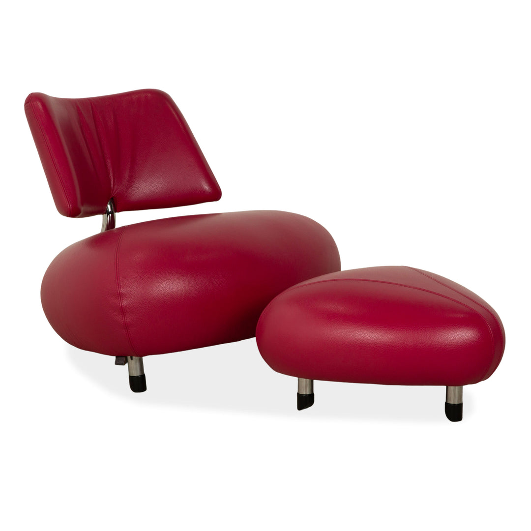 Leolux Pallone Leather Armchair Set Stool Purple Red Space Age