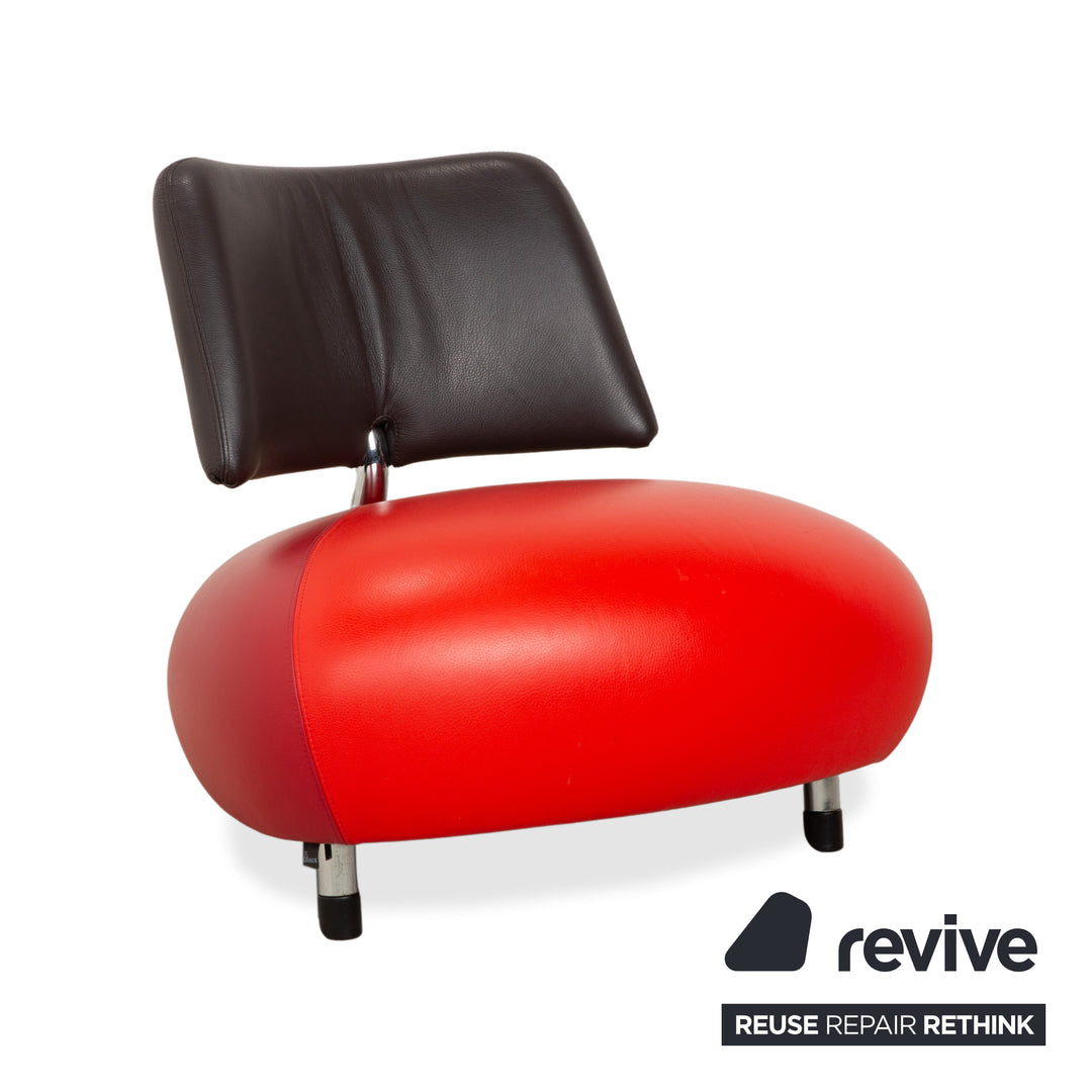 Fauteuil et tabouret en cuir Leolux Pallone, vert, gris foncé, taupe, rouge, orange