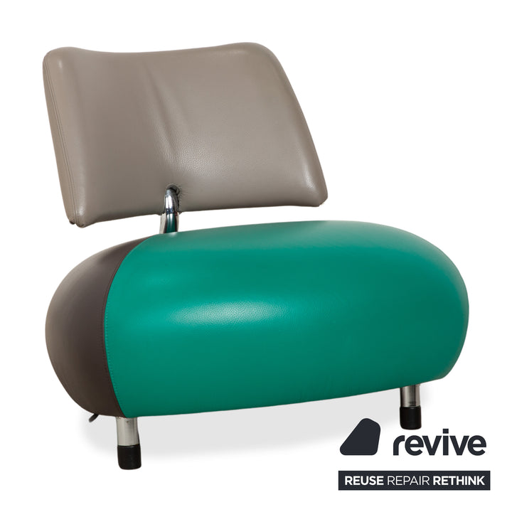 Fauteuil et tabouret en cuir Leolux Pallone, vert, gris foncé, taupe, rouge, orange